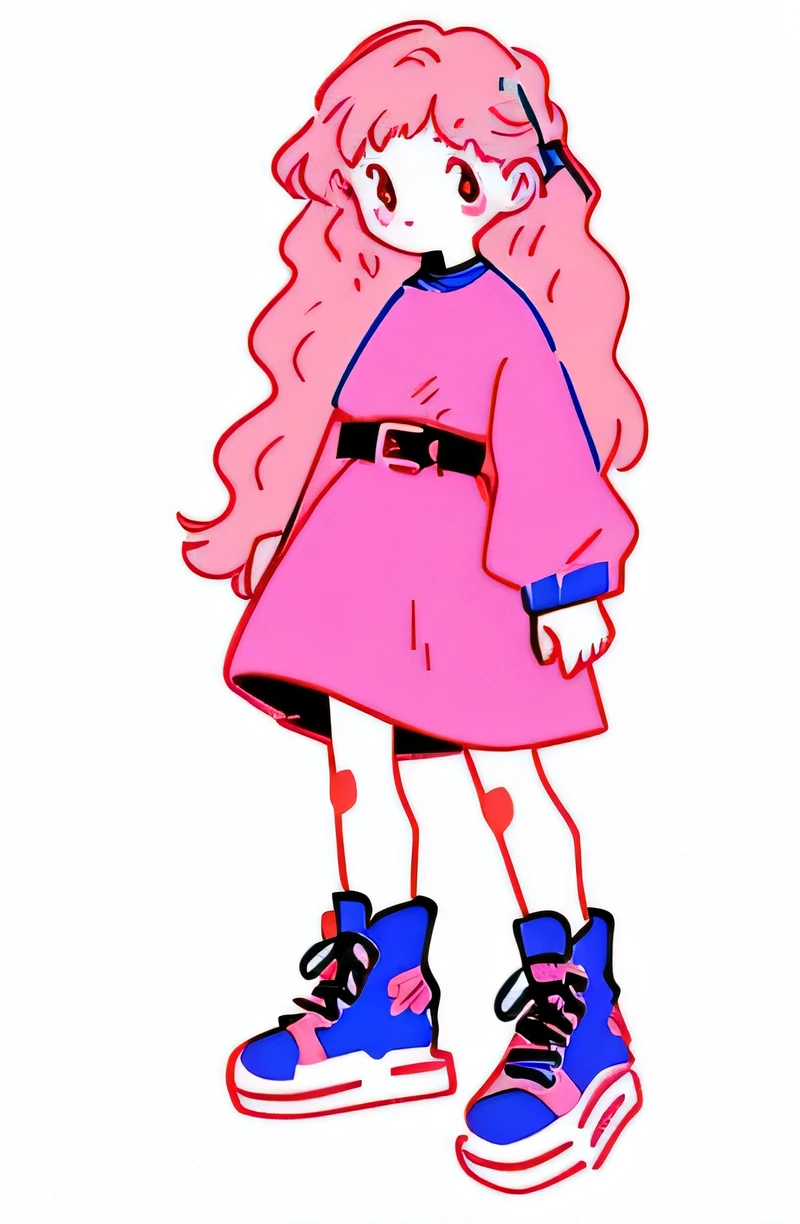 best image quality、highest quality、8k, 1 girl, alone, dress, whole body, white background, shirt, long sleeve, hair 弓, looking at the viewer, 緑色のshirt, boots, simple background, ribbon, Virtual YouTuber, bangs, Are standing, belt, pink dress, cross lace shoes, collared shirt, sleeveless dress, (((long hair))), sleeveless,