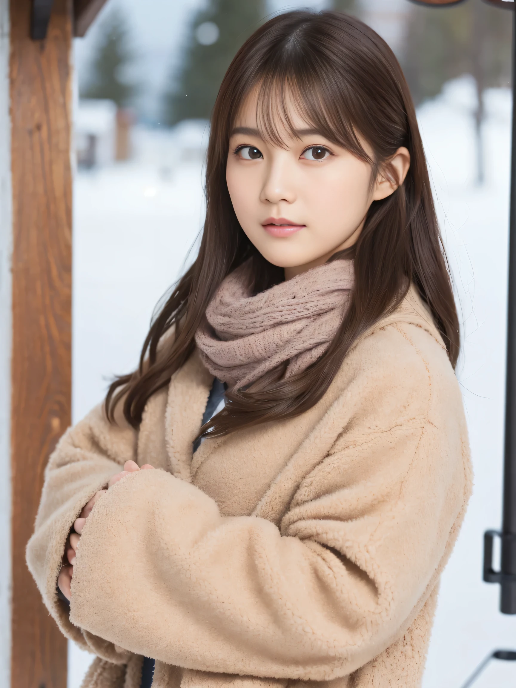 (Best image quality、8k、masterpiece:1.3))、Realistic high-quality photos、best quality、pretty girl~Well groomed face、25 year old Japanese beauty、slim model photos、big model、若いjapanese girl、young cute face、japanese girl、25 year old female model、Beautiful model girl、The innocent look of the girl next door、delicate face、brown hair、beautiful brown eyes、Tear bag、drooling eyes、young body、coat, scarf, Gloves, winter