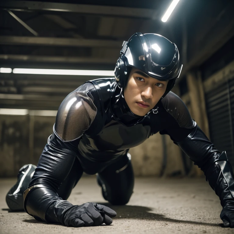 ((Best Quality, 8K, ultra-detailed, Masterpiece: 1.3)), 1boy, shiny skin, sharp, Perfect Body Beauty, realistic shaded perfect body ,("bodysuit, techwear,big bulge ":1.2),("leggins , armor":1.1),("glove, armor":1.1 ),(techwear)(dynamic pose:1.1), thigh , battle field , (bulge focus:1.2) , ((all fours)) , big hips , nsfw , eroticosm , handsome face