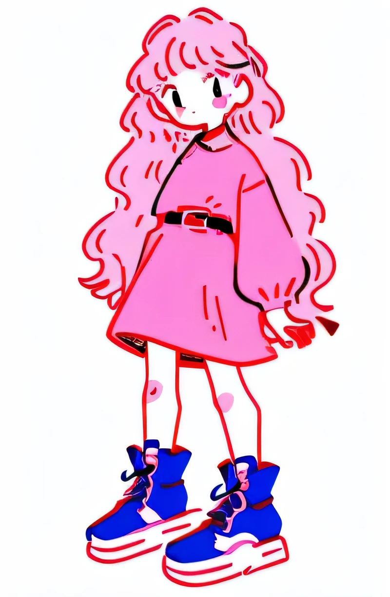 best image quality、highest quality、8k, 1 girl, alone, dress, whole body, white background, shirt, long sleeve, hair 弓, looking at the viewer, 緑色のshirt, boots, simple background, ribbon, Virtual YouTuber, bangs, Are standing, belt, pink dress, cross lace shoes, collared shirt, sleeveless dress, (((long hair))), sleeveless,
