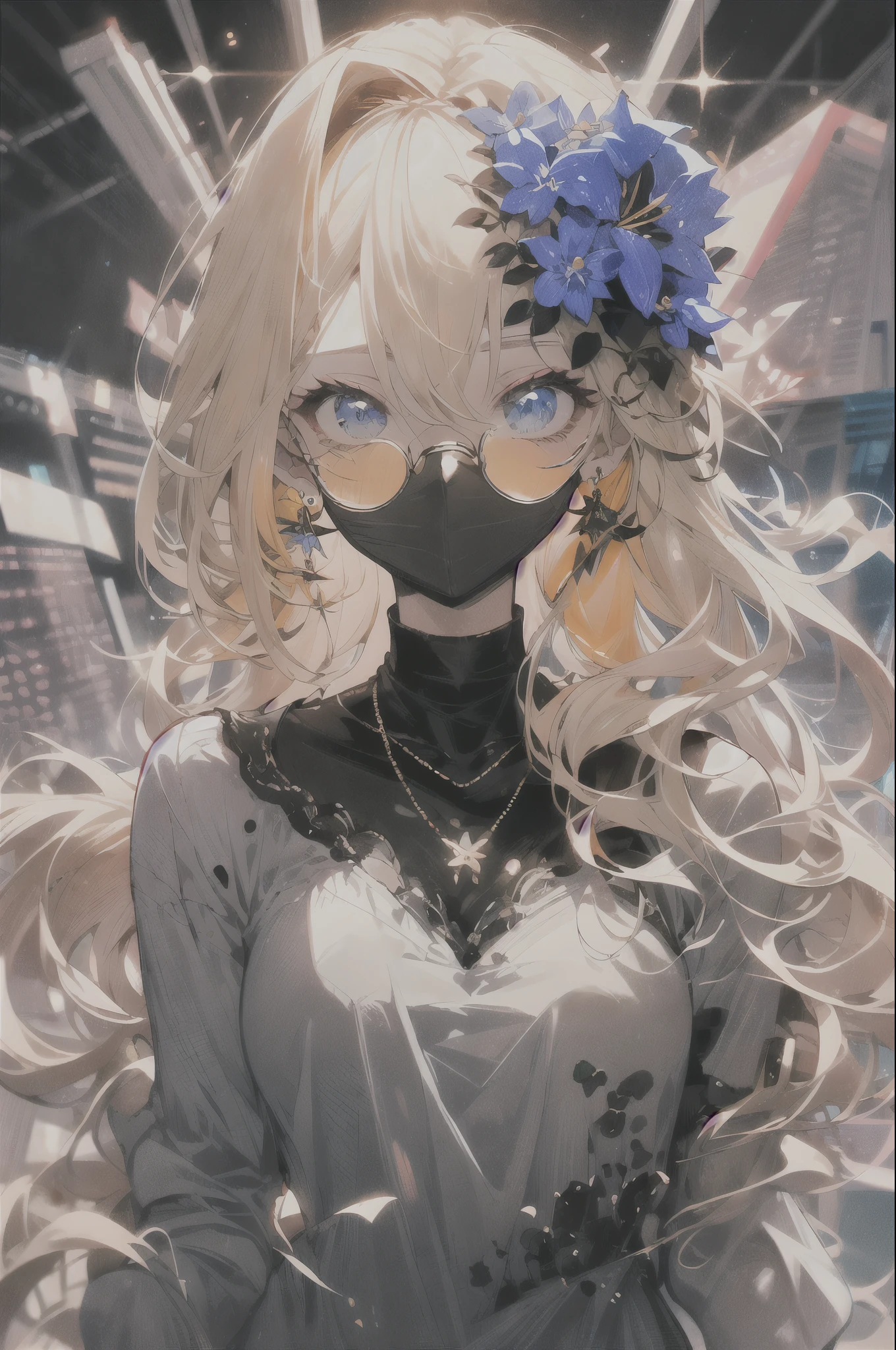 , (masterpiece:1.2), best quality,halfway,
alone, tinted glasses, jewelry, hair accessories, looking at the audience, black background, 1 girl, short hair, blue eyes, earrings, simple background, flower, Upper body, hair flower, orange-tinted glasses, sunglasses, necklace, jacket, Keep your mouth shut, 碎flower, Bangs, blonde hair, white hair, cosmetics, round glasses, punching
