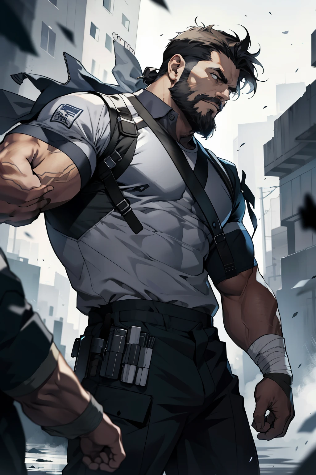 mature man, best quality, One hand wrapped in a bandage, make a fist, masterpiece, ultra high resolution, Detailed background, Reality, illustration, single, 1 boy, muscle , short beard, battlefield, beard, Volumetric lighting, depth of field, bulging crotch, cool moves, Big news，half face，Captured in dramatic mid-range shots with intricate detail.