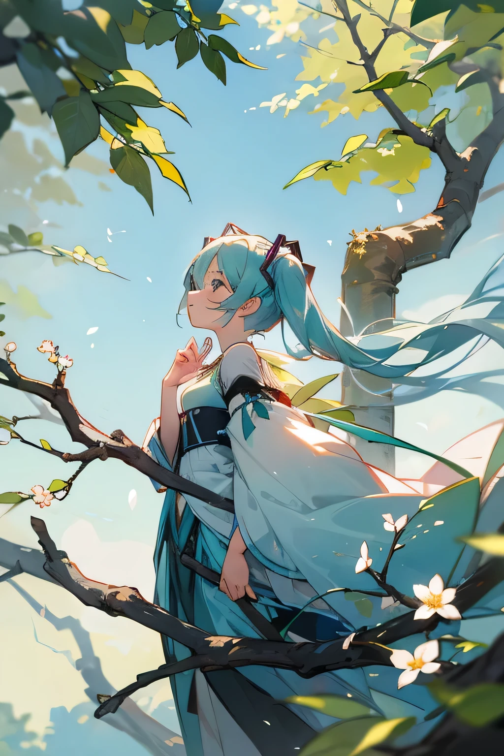 Miku choisit une longue branche d&#39;pity tree with leaves and flowers