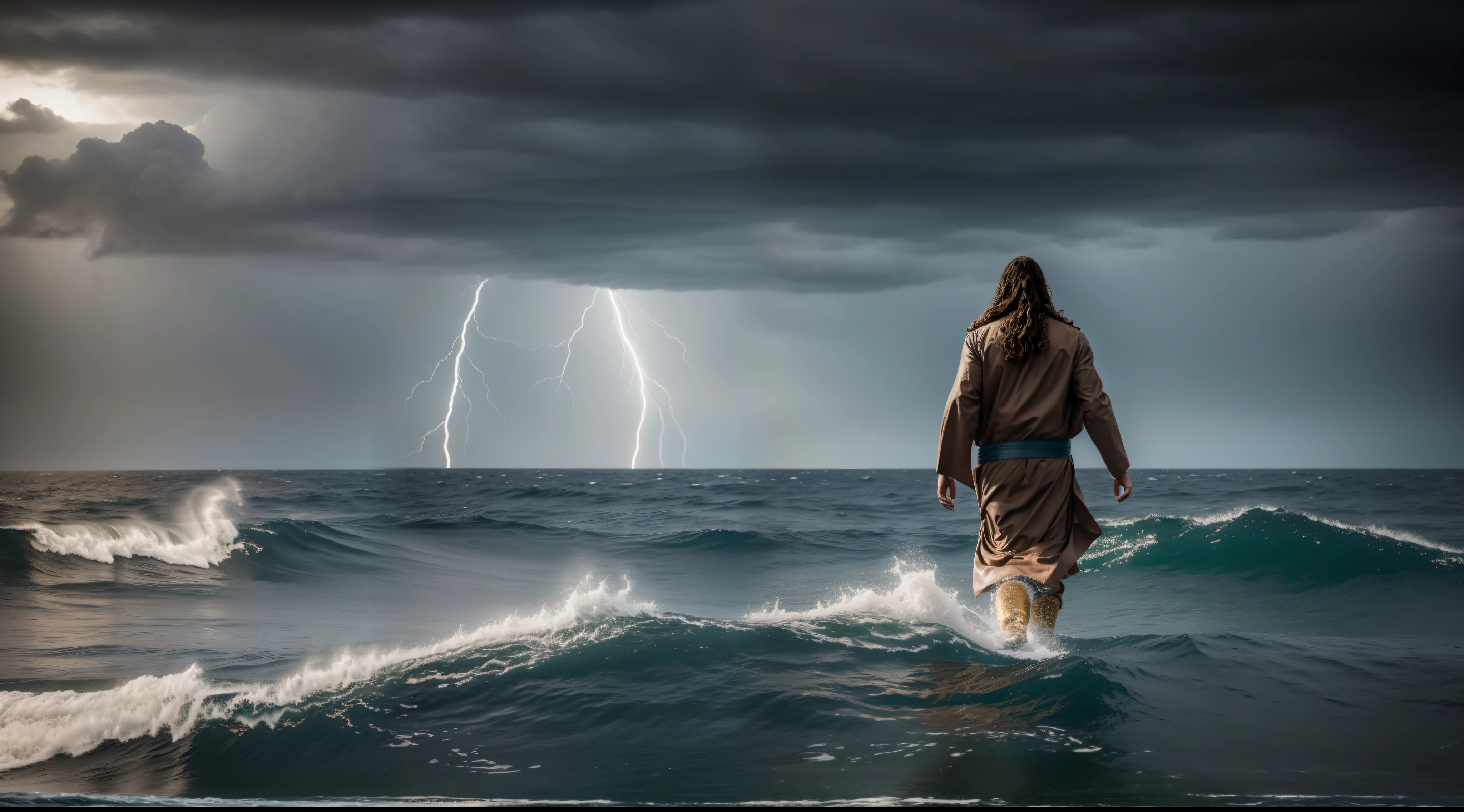 Jesus andando no oceano com ondas, Jesus walking on water, the sea and storms behind him, O Deus do Mar, Deus do Oceano, saindo do oceano, moses, Erguendo-se do oceano, emerging from the water, character is half in the water, epic biblical representation, quem nasce do mar, standing in a maelstrom