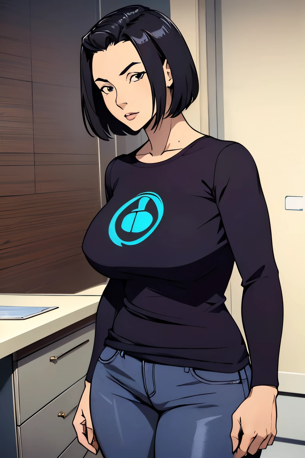 (masterpiece, best quality, detailed illustration, high resolution), ((1girl, solo)), ((huge breasts, slim waist, long legs, fit body, toned body)), ((black hair)), ((casual clothes)), ((full body, closeup view)), ((standing)), ((looking at the viewer, facing the viewer)), office setting, ((tanned skin)), oiled skin, ((large breasts, mature woman, mature female, mature lady)), ((short hair)), (detailed eyes), ((standing)), ((good eyes, better eyes, expressive eyes)),