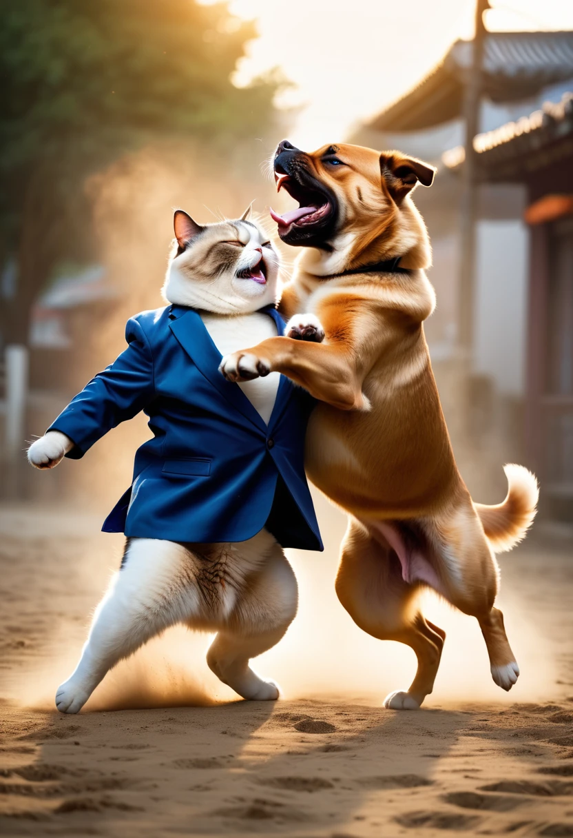 create photorealistic image of a chubby cat and dog kong fu fighting, they wear blazer, open mouth, dynamic Martial Arts design, kick on the face, punch on the face, twisted face expression, outdoors, dust ground, dynamic blur hand and feet, slow shutter effect 1/60 sec, best quality, ultra quality twilight lighting