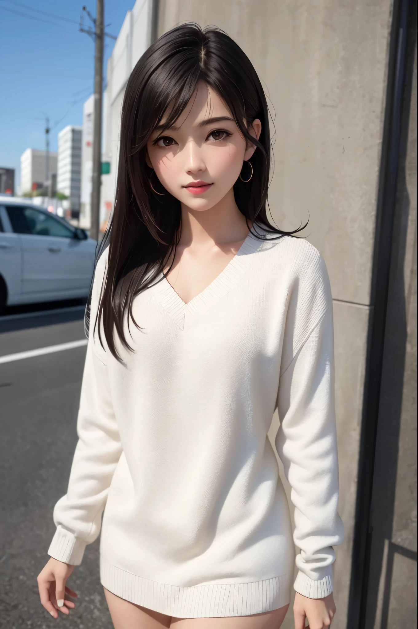 (top quality, masterpiece: 1.1), (Realistic: 1.3), (photo Realistic: 1.3), BREAK {{{FF7,Tifa_lockhart,solo}}},(Wearing loose knit-dress:1.3,oversized sweater:1.3,long sleeve:1.2,white sweater),((short pants)),(tight very long boots:1.2),(Shibuya, Tokyo, big city background:1.1,outdoor),(model pose:1.1),Ultra-detailed face, Detailed eyes, Red eyes, BREAK {{{FF7,Tifa_lockhart,solo}}},(black brown hair, Large breasts: 1.0), BREAK (no bra),(Small and beautiful hard nipple) , About 18 years old, kawaii,(face focus:1.0,face close up:1.0), sensual, zettai_ryouiki:1.1 ,looking at viewer, cowboy shot, lean against the wall, standing