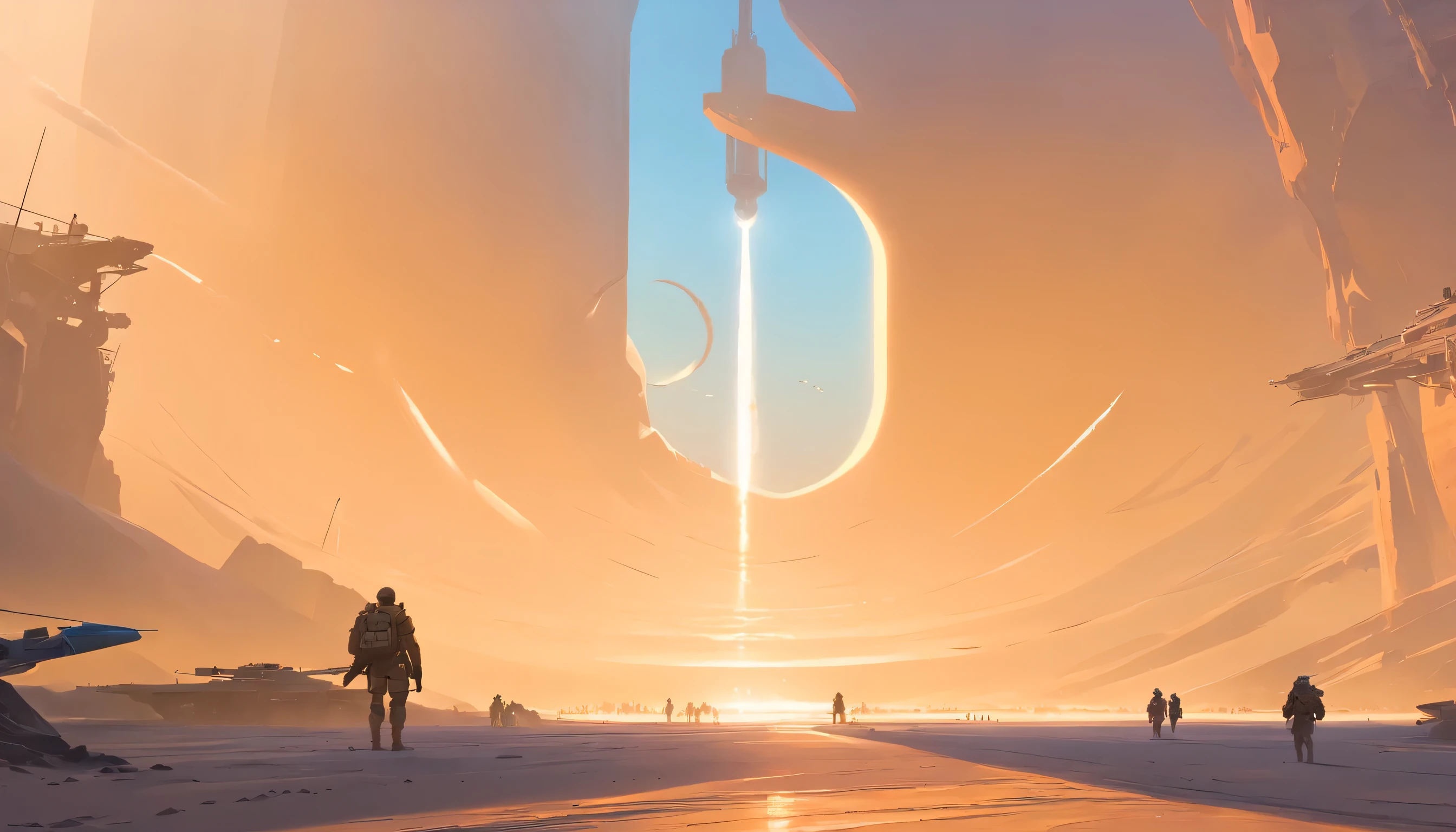 Dune concept art,Clean and neat tones,Sci-fi base scene,Huge scene,Square-shaped complex,Soviet aesthetic architecture,huge buildings,There are many ships in the air,Size contrast,crowd of,Soldiers versus soldiers,Big scenes of war,smog,epic concept art,Fine 8K,vray,Wasteland Science Fiction