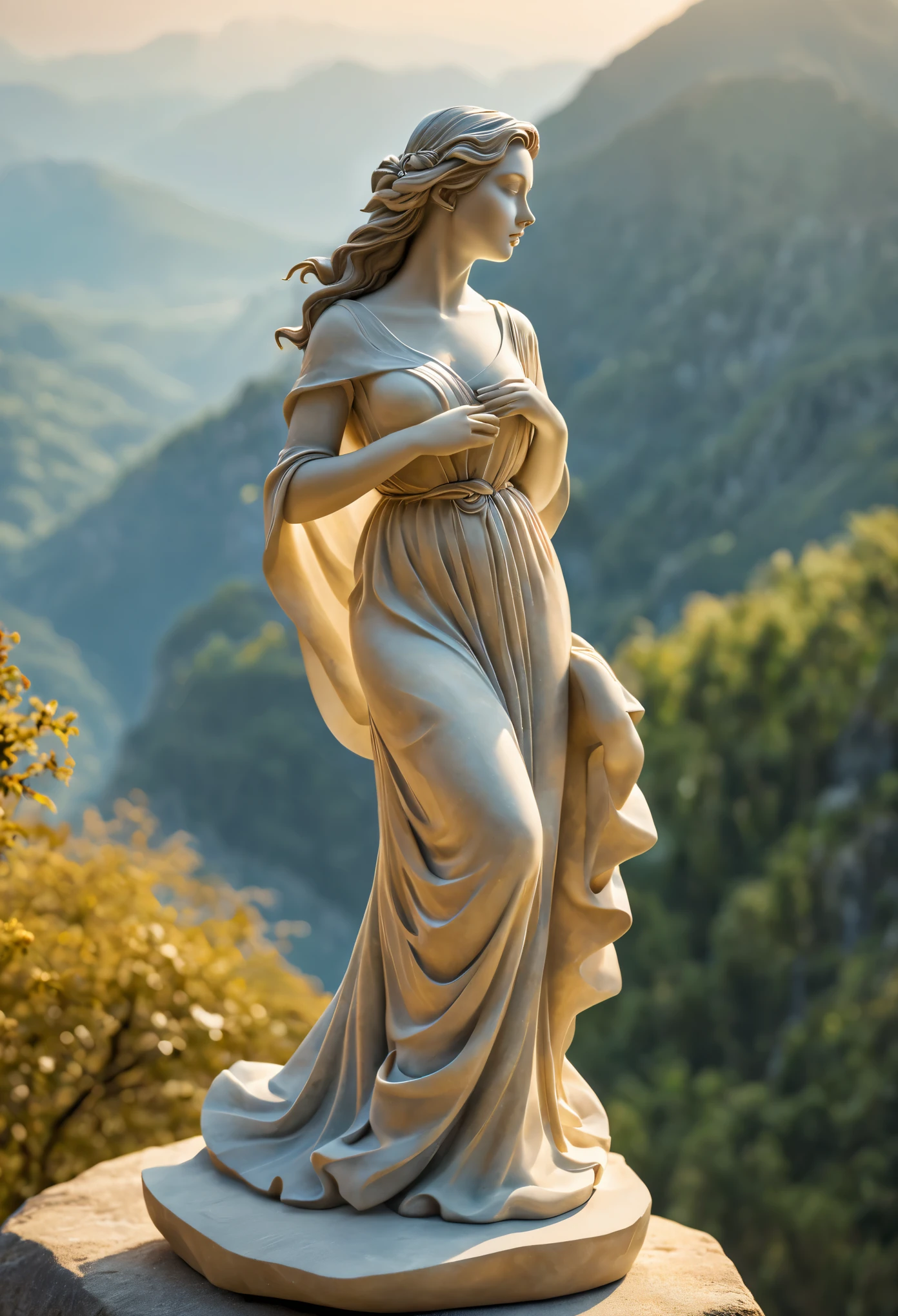 best quality,Super fine,lifelike:1.37,Stone sculpture of a woman waiting for her husband on the top of the mountain,Graceful and elegant figure,flowing dress,calm expression,intricate engraving,soft sunshine,The background is ,stunning scenery,Mesmerizing textures,exquisite craftsmanship,Timeless art
