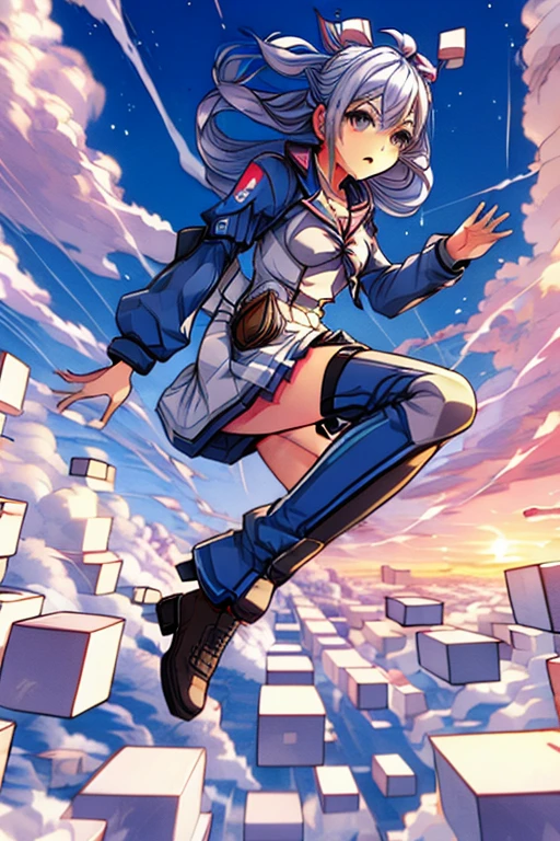 Phantasy Star Online 2, Matoi, ice cube, jumpSky,floating brick object,jumping,in high position,sky,above clouds,too many blocks,looking down,from above,