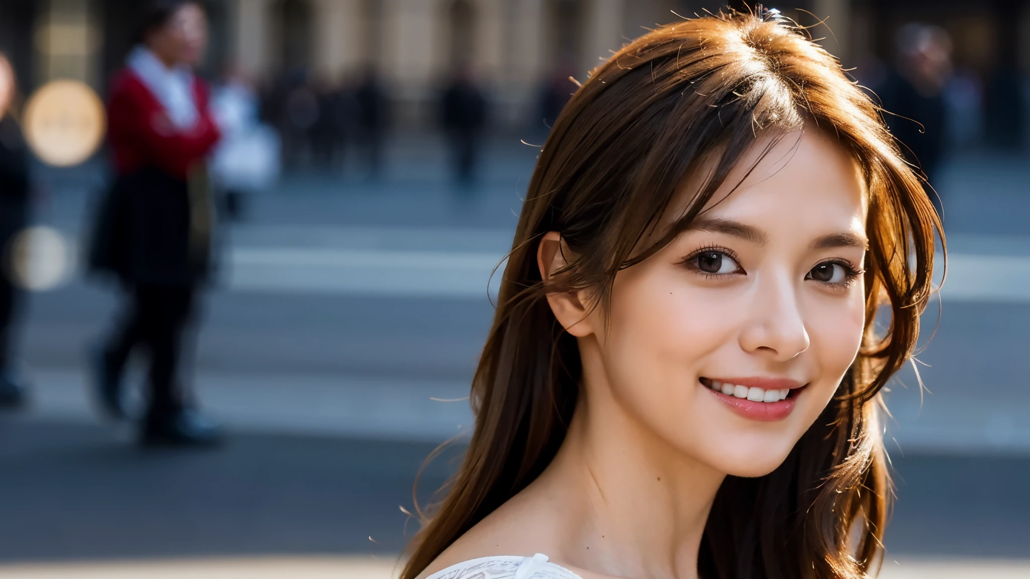 masterpiece, Best Quality, Photorealistic, Ultra-detailed, finely detailed, High resolution, 8K Wallpaper, 1 beautiful woman, light brown hair, sharp focus, Perfect dynamic composition, Beautiful detailed eyes, detailed hairs, Detailed realistic skin texture, Smiling, portrait, Model body type, Take a walk on the street of London,