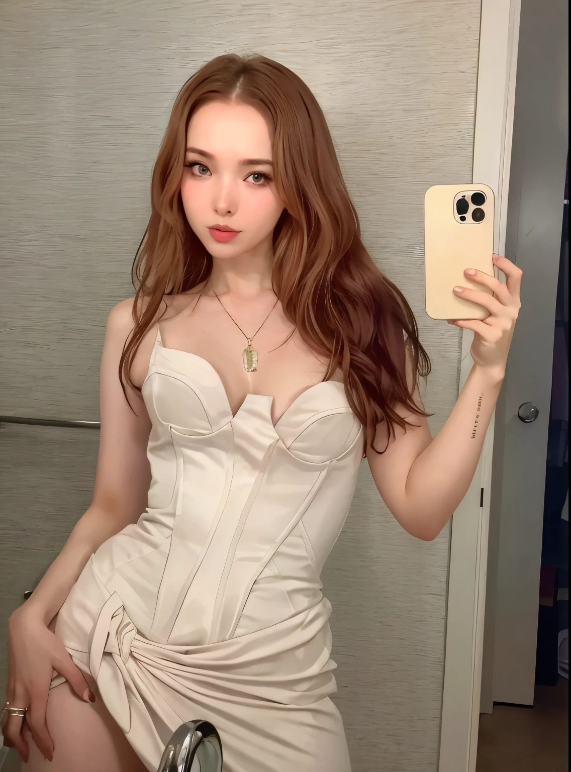 arafed woman in a white dress taking a selfie in a bathroom mirror, amouranth, anna nikonova aka newmilky, hourglass ⌛️, better known as amouranth, with pale skin, style of julia razumova, sexy look, 2 4 year old female model, instagram model, dasha taran, sexy dress, dove cameron