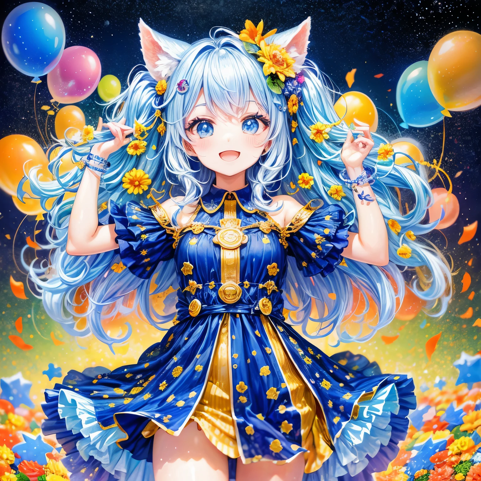 ((worst quality, low quality)), muste piece,best quality,Super detailed,masterpiece, face focus,(Kemomimi beautiful girl:1.3), solo(beautiful eyes )plump lips, best smile,   birthday cake🎂, (Theme park background with many balloons flying:1.2), balloon effect🎈,masterpiece,32k,