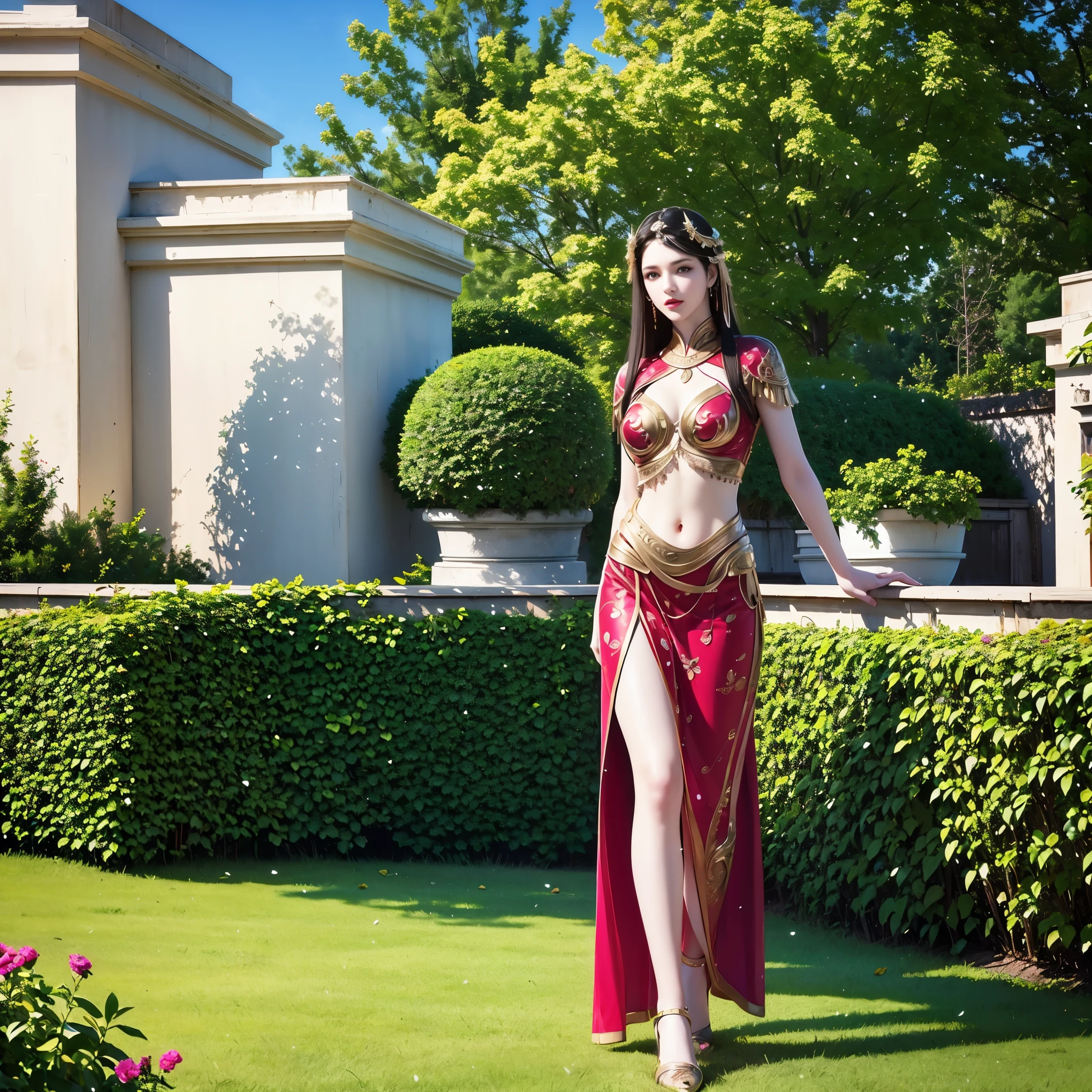 A beautiful girl in garden view, realistic graphics, looking at viewer, complete body photoshot, full-body photoshot, central focusing on girl in graphics ,perfect body photoshot, realistic graphics,
