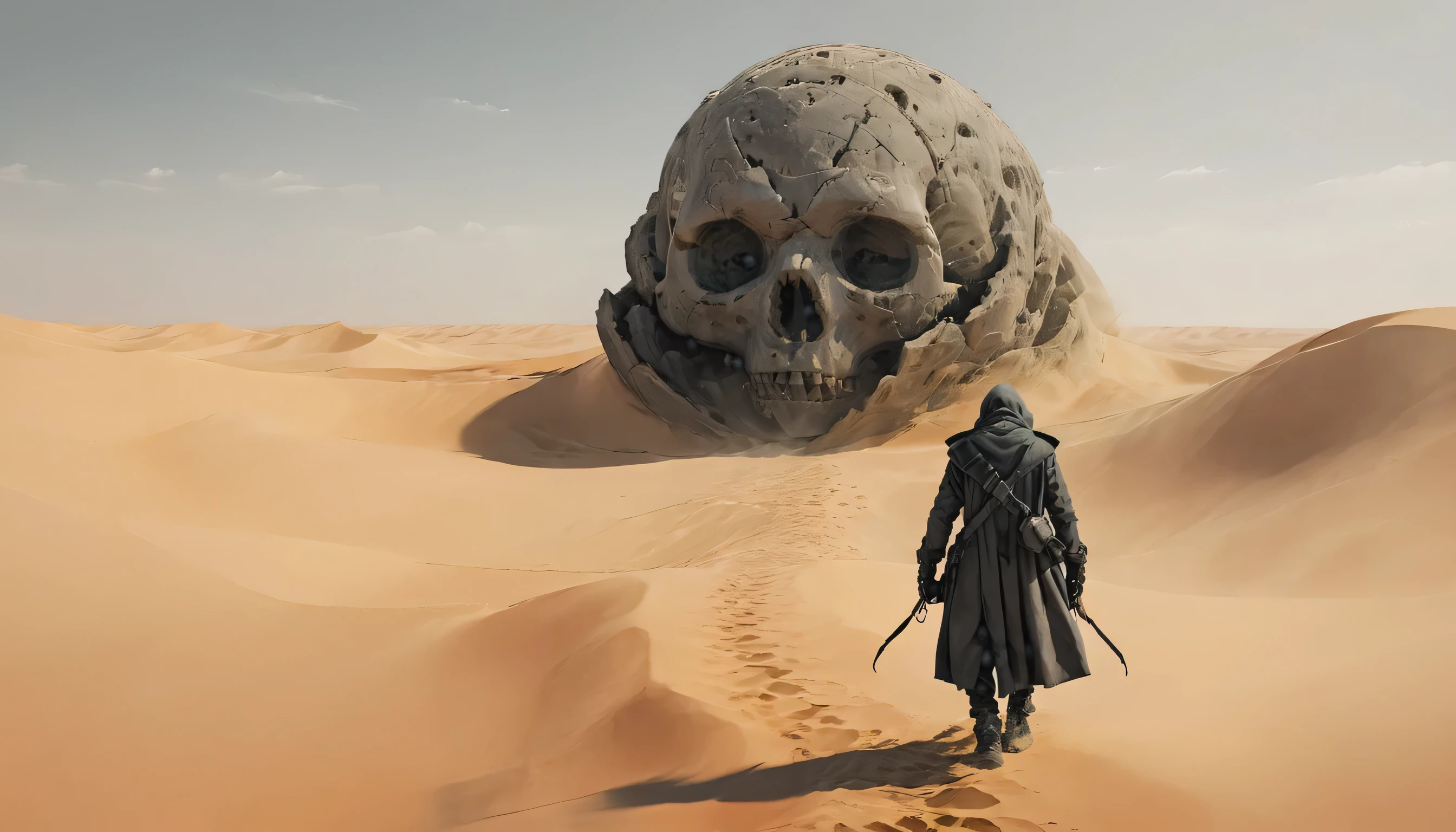 a man in a long coat walking across a desert with a giant worn head in the background , concept art, fantasy art 