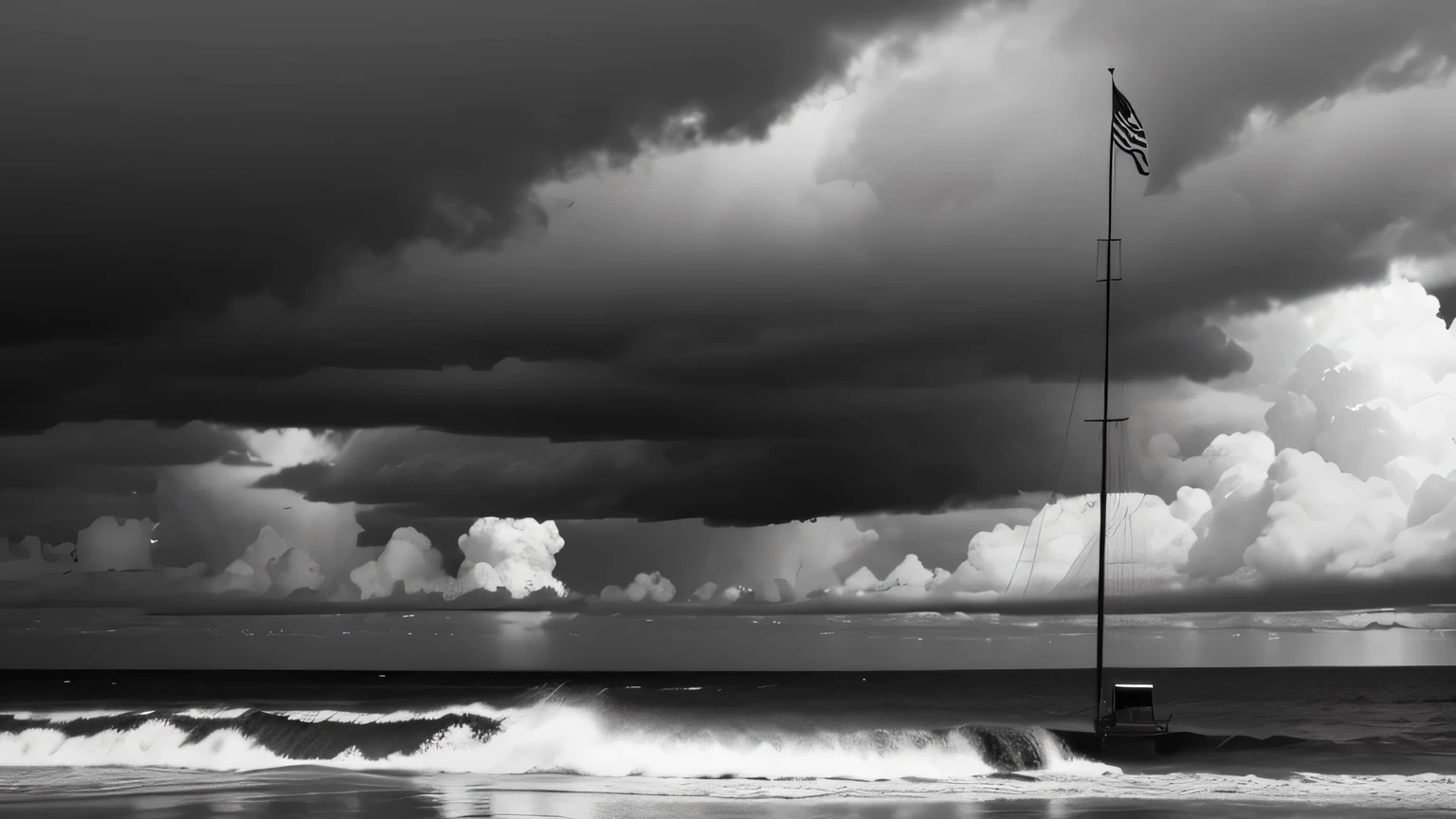 Standard background image on a desktop and There are 2 flag poles clearly visible one big one small side by side one flag is lowered half-way USA flag and the other flag is raised all the way of CNMI flag and there is a dark and stormy sky behind lightening and black storm, Halfway across the page, the storm fades to white clear sky little by little, realistic image in greyscale