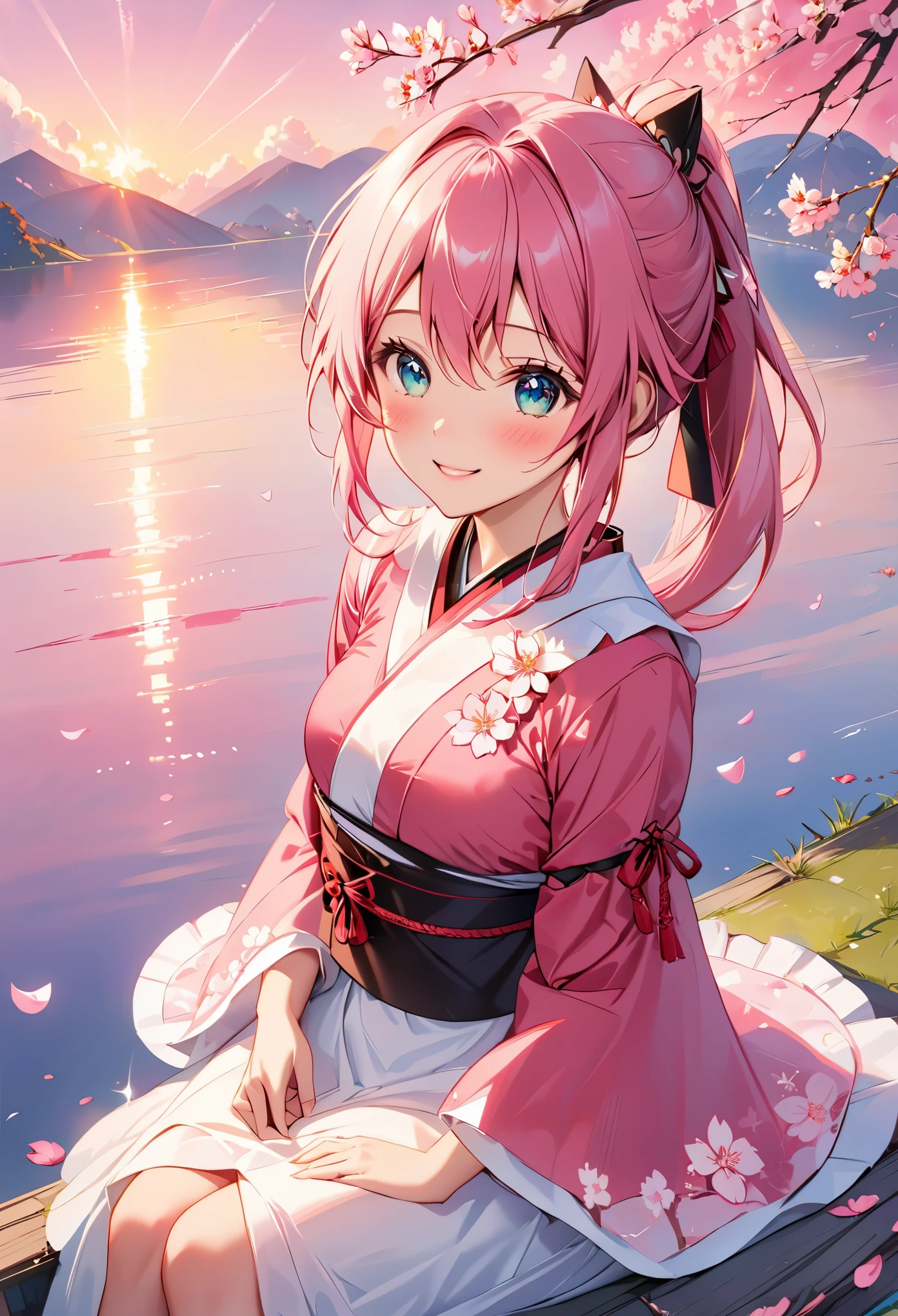 Sakura Miku, Upper body, Smile, blush, sitting, ((Cherry blossoms)), ((pink sleeves)), pink tint, ((pink)), pink sky, Sunset, lake, reflection