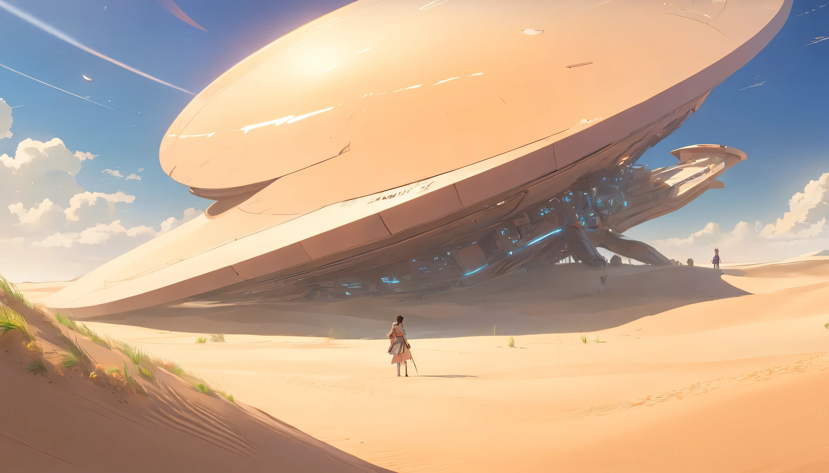 Dune concept art,Clean and neat tones,Sci-fi base scene,There are many spaceships in the air,epic concept art, Fine 8K,vray, Wasteland Science Fiction, Michael Kaluta Style illustration