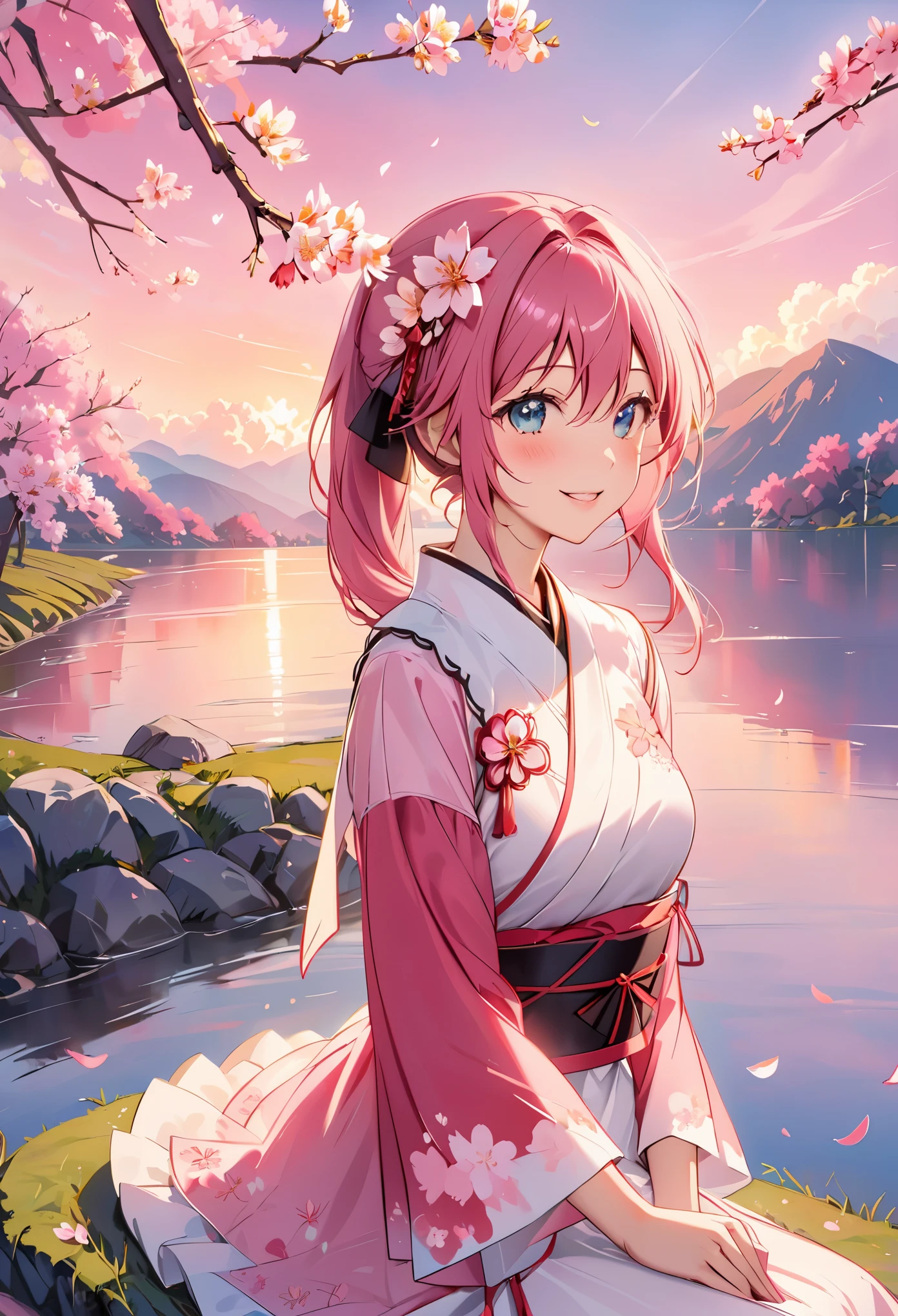 Sakura Miku, Upper body, Smile, blush, sitting, ((Cherry blossoms)), ((pink sleeves)), pink tint, ((pink)), pink sky, Sunset, lake, reflection