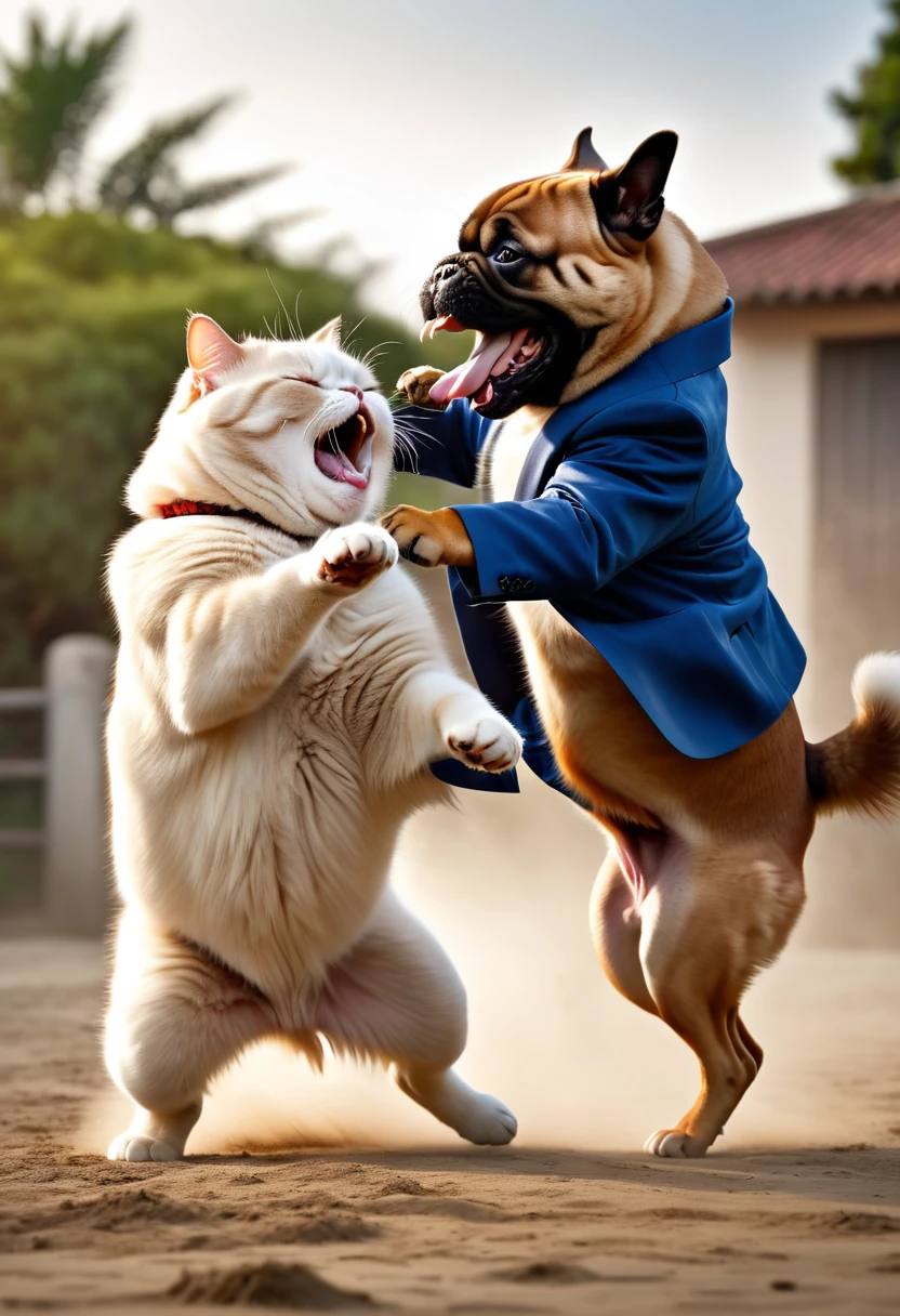 create photorealistic image of a chubby cat and dog kong fu fighting, they wear blazer, open mouth, dynamic Martial Arts design, kick on the face, punch on the face, twisted face expression, outdoors, dust ground, dynamic blur hand and feet, slow shutter effect 1/60 sec, best quality, ultra quality twilight lighting