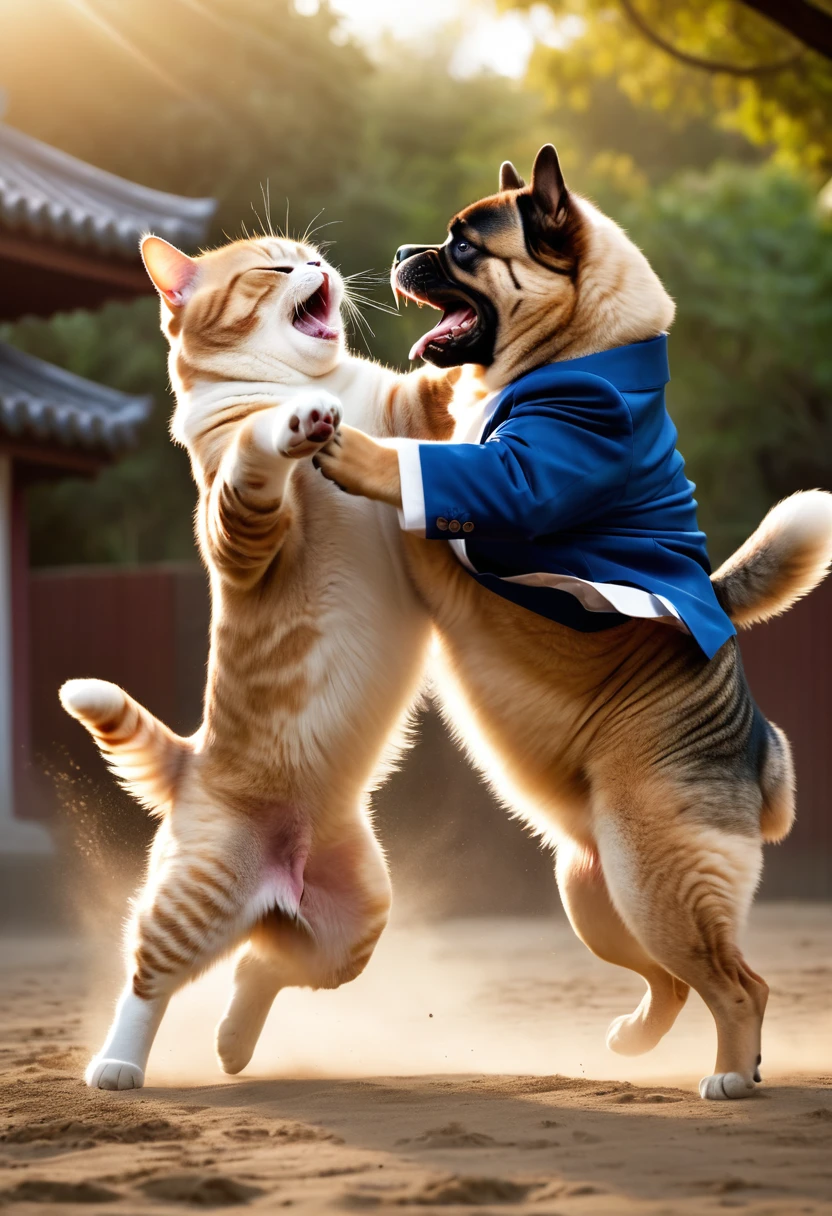 create photorealistic image of a chubby cat and dog kong fu fighting, they wear blazer, open mouth, dynamic Martial Arts design, kick on the face, punch on the face, twisted face expression, outdoors, dust ground, dynamic blur hand and feet, slow shutter effect 1/60 sec, best quality, ultra quality twilight lighting