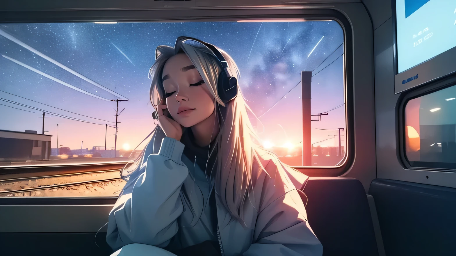 spring, train, Sit by the window, close one's eyes, listen to the music, wearing headphones, With both arms down, My head got stuck in the glass, Scenery passing by at high speed, night trip, beautiful starry night sky, Beautiful girl, UHD Portraits, (high quality) (ultra detail) Looking at viewers wearing hip-hop style streetwear; different, fancy, long colored silver hair 🌈