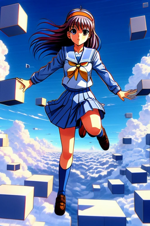 fujisaki shiori, yellow hairband, school uniform, serafuku, long sleeves, pleated skirt, ice cube, jumpSky,floating brick object,jumping,in high position,sky,above clouds,too many blocks,looking down,from above,
