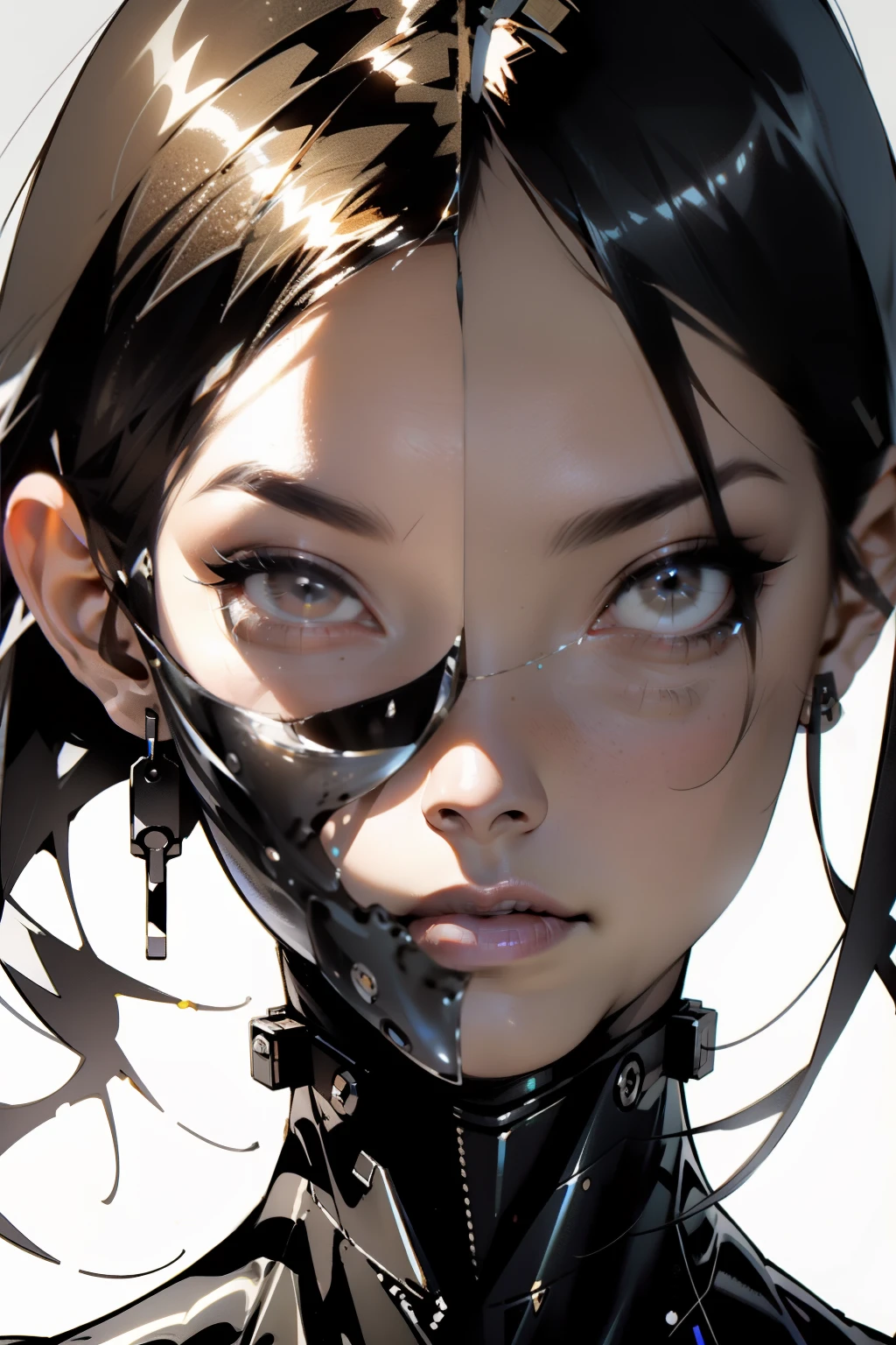 (masutepiece: 1.3), (max resolution: 1.2), (Ultra HDTV: 1.2), cinematographic light, 8K resolution, Detailed eyes and skin, intricately designed facial features, (Sharp Focus: 1.2), (Focus on Face: 1.2), Perfect Style, Beautiful cyborg face, accurate and anatomically correct, Highly detailed cyborg face and skin texture, Detailed eyes, One human eye, One luminous blue digital eye, Thin metallic brows, Glitter Eyeliner: 1, Natural cyborg cheeks, Glossy and reflective cyborg skin, Fair cyborg
