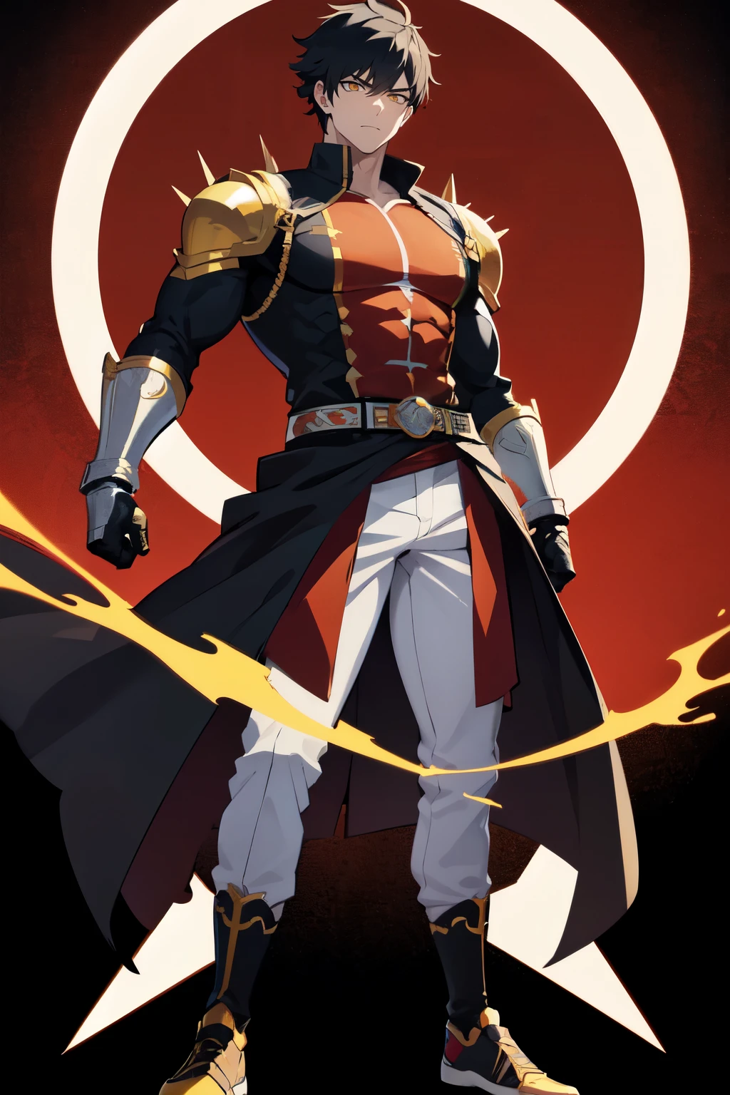 Anime style masterpiece, best quality presentation, front image focused, full body revealing, muscular protagonist character, heroic intimation, yellow eyes piercingly gazing, short hair standing tall with spikes, red long sleeve shirt accentuating muscles, black sleeves framing biceps, gray pants outlining firm waist and thighs, white sneakers completed the look, just a person to be admired, full body assasin, sentai armors gleaming in the light.