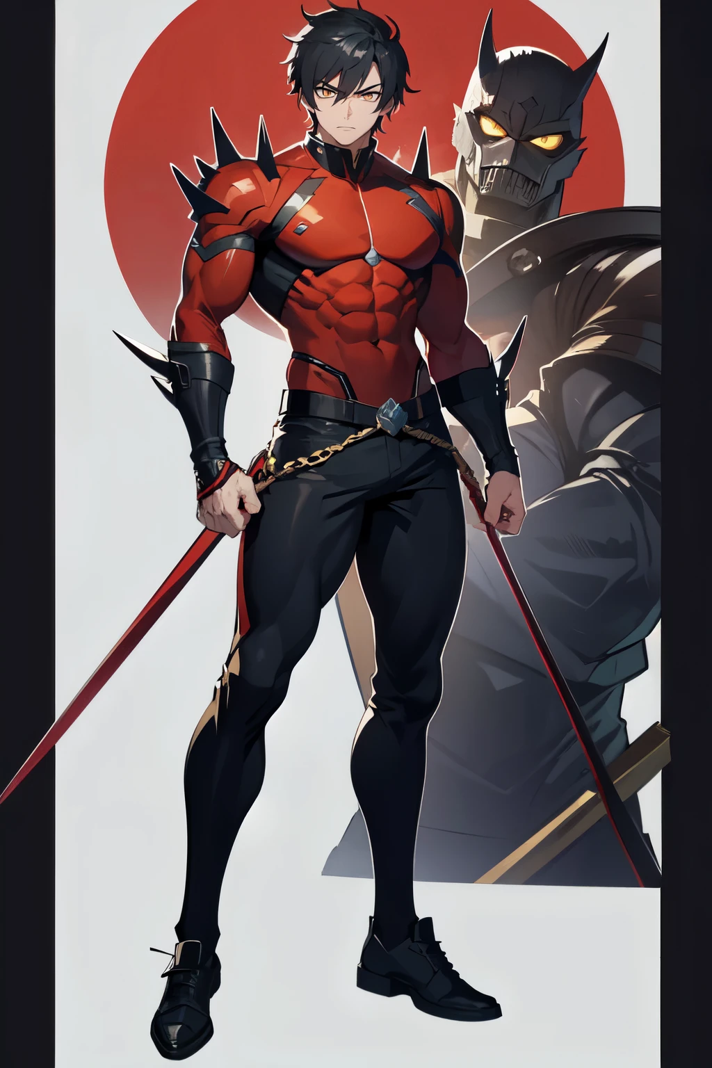 Anime style masterpiece, best quality presentation, front image focused, full body revealing, muscular protagonist character, heroic intimation, yellow eyes piercingly gazing, short hair standing tall with spikes, red long sleeve shirt accentuating muscles, black sleeves framing biceps, gray pants outlining firm waist and thighs, white sneakers completed the look, just a person to be admired, full body assasin, sentai armors gleaming in the light.