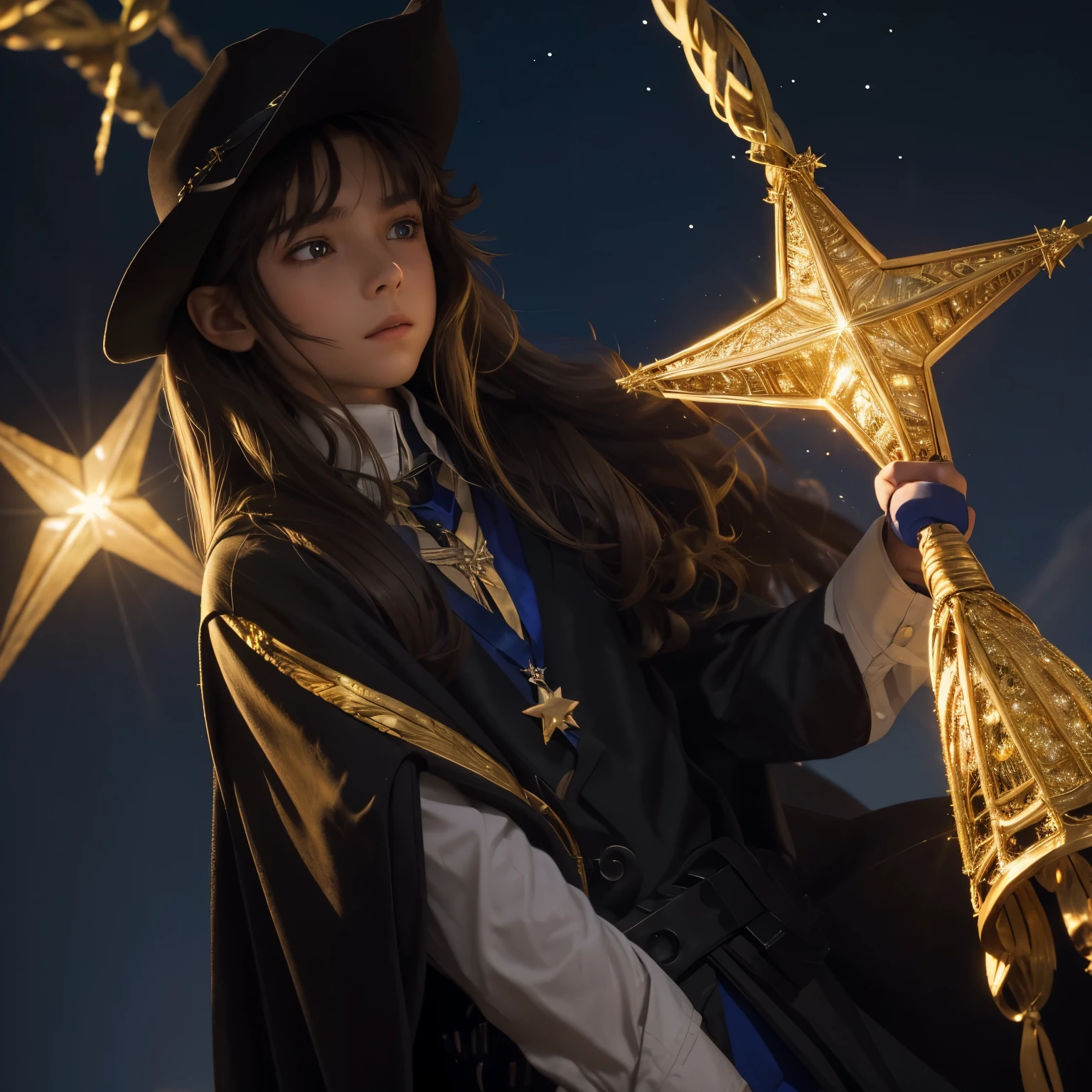 Among the stars，A twelve-year-old boy，Brown black long hair，Blonde hair ends，golden eyes，Dragging a hanging star on his right hand，whole body