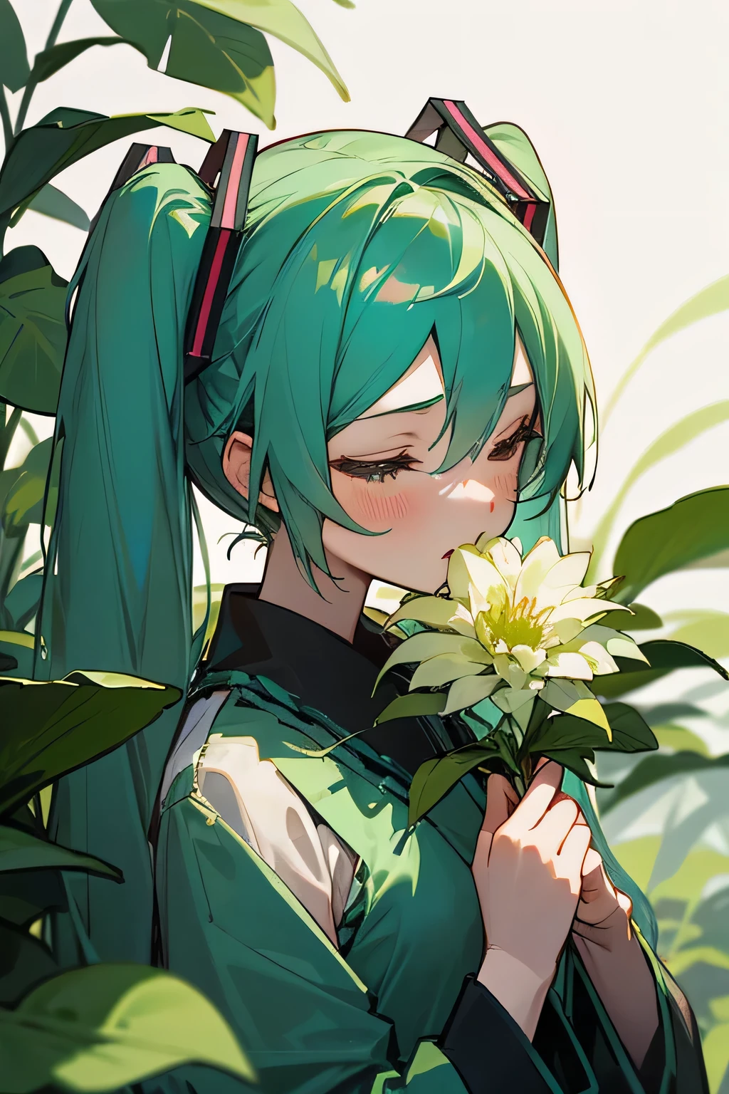 Hatsune Miku is surrounded by plants, elle prend une fleur et la sent