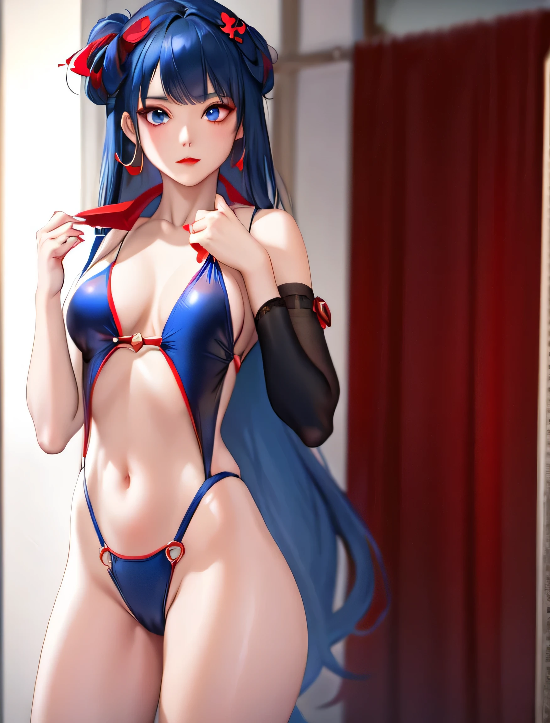 1 girl, alone, long hair, looking at the viewer,,bright blue eyes,hair ornaments, jewelry, glaze colored hair, closed mouth, dull bangs, nail polish, lips, hair ornaments, portrait, red nails, close, god々new,red lips,(shiny skin),((wear a slingshot swimsuit))、background daytime backyard、
