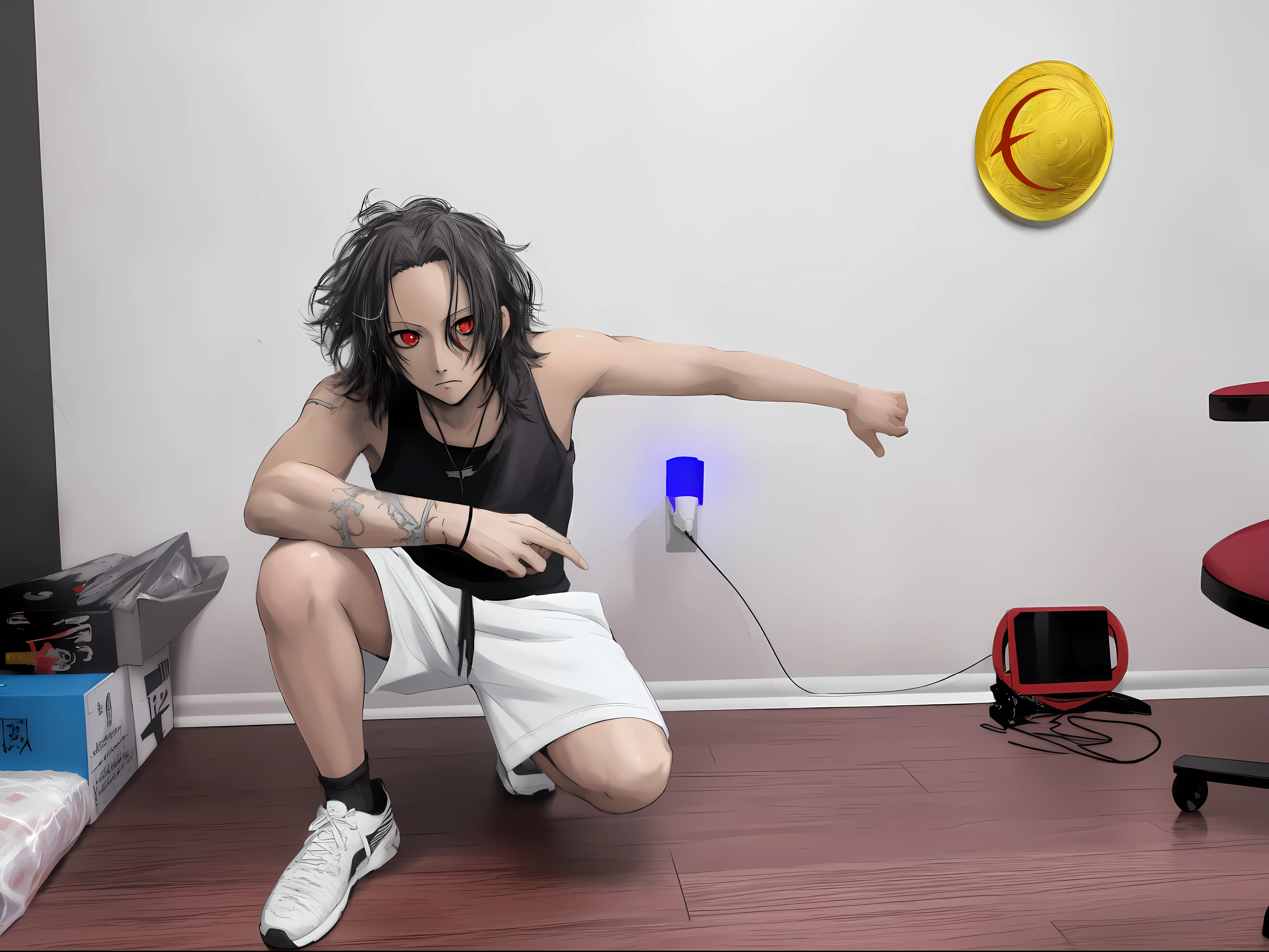 masterpiece, best quality,  1boy, solo, anime coloring, , transform into soul eater anime art style, dark messy hair, red eyes, well drawn face, same pose as picture, 32k resolution