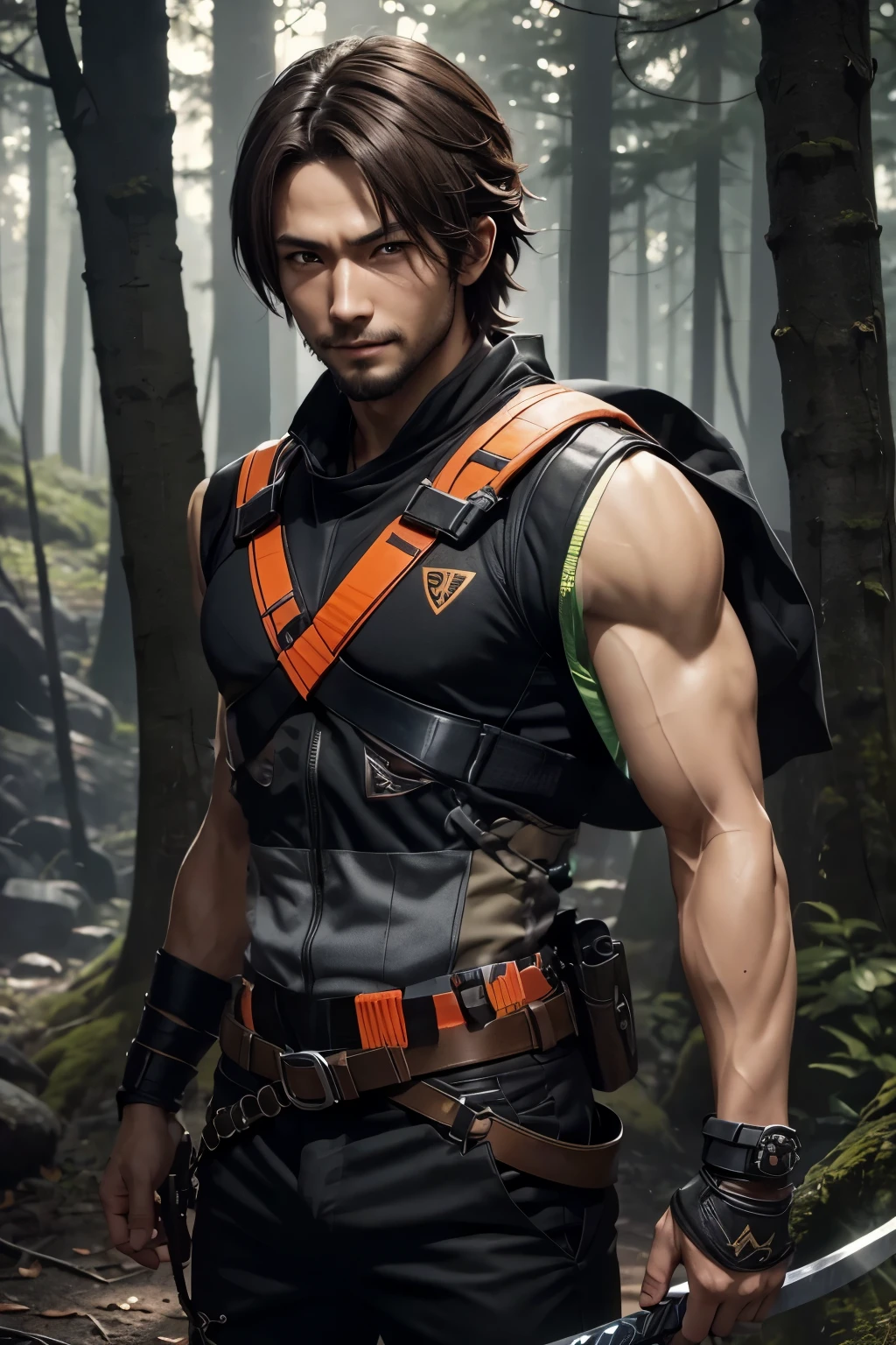 There are Japan young men, Super handsome young Japan man,Soldier costumes and pants,Has a very large Japan sword,Short-haired black hair,3 d render character art 8 k, wojtek fus, fantasy style 8 k octane render, ross tran 8 k, By Shinkai Makoto ( Apex Legends ), amazing 8k character concept art, badass anime 8 K, artwork in the style of guweiz, trending on artstation 4k,in woods,
