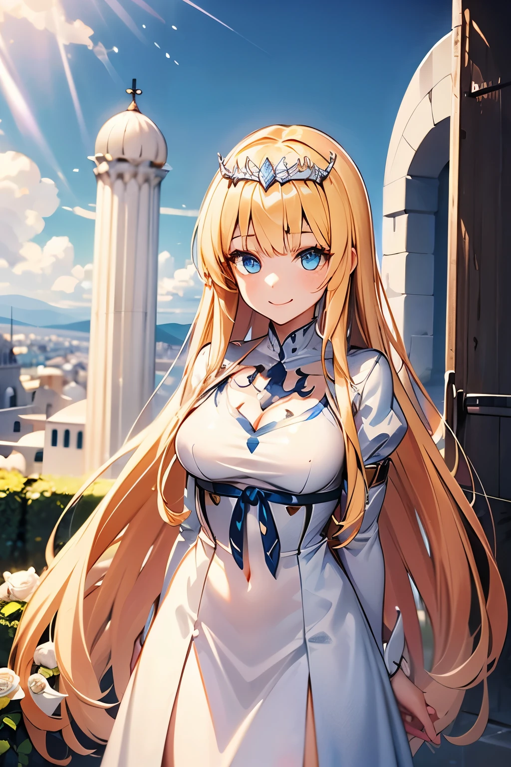 Best image quality, 4k, masterpiece, young girl, white historic toga, Greece, high quality, high detail, HD, 4k, anime style, best quality, high resolution, unity 8k wallpaper, illustration, perfect lighting, extremely detailed CG, beautiful detailed eyes, extremely detailed face, 1girl, Calca, blonde hair, extremely long hair, white tiara, tiara on her head, white dress, blue eyes, medium breasts, holy kingdom background, white castle, elegant pose, white and tender skin, cute and soft, young, smile, cute feeling, excellent posture, blue sky and white clouds, white roses, cowboy shot,