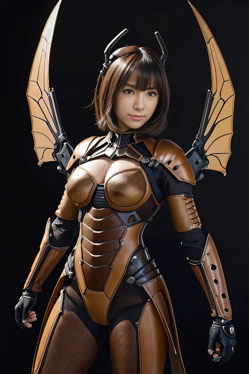 (High resolution,masterpiece,highest quality,Very detailed CG, anime, official art:1.4), realistic, photograph, amazing detail, everything is complicated, shiny and glossy,Amazing number of layers, 8K wallpaper, 3D, sketch, cute, figure,( alone:1.4), perfect female proportions,villain&#39;s daughter, (Fusion of dark brown cockroach and lady:1.4), (brown cockroach woman:1.2), (brown cockroach woman:1.2), (Fusion:1.2), (alone:1.4), (evil smile:1.2), muscular, abs, (Cockroach brown exoskeleton bio insect suit:1.4), (Cockroach brown exoskeleton bio insect armor:1.2), (brown transparent cockroach feathers:1.4), (Antennae of brown cockroaches:1.3),