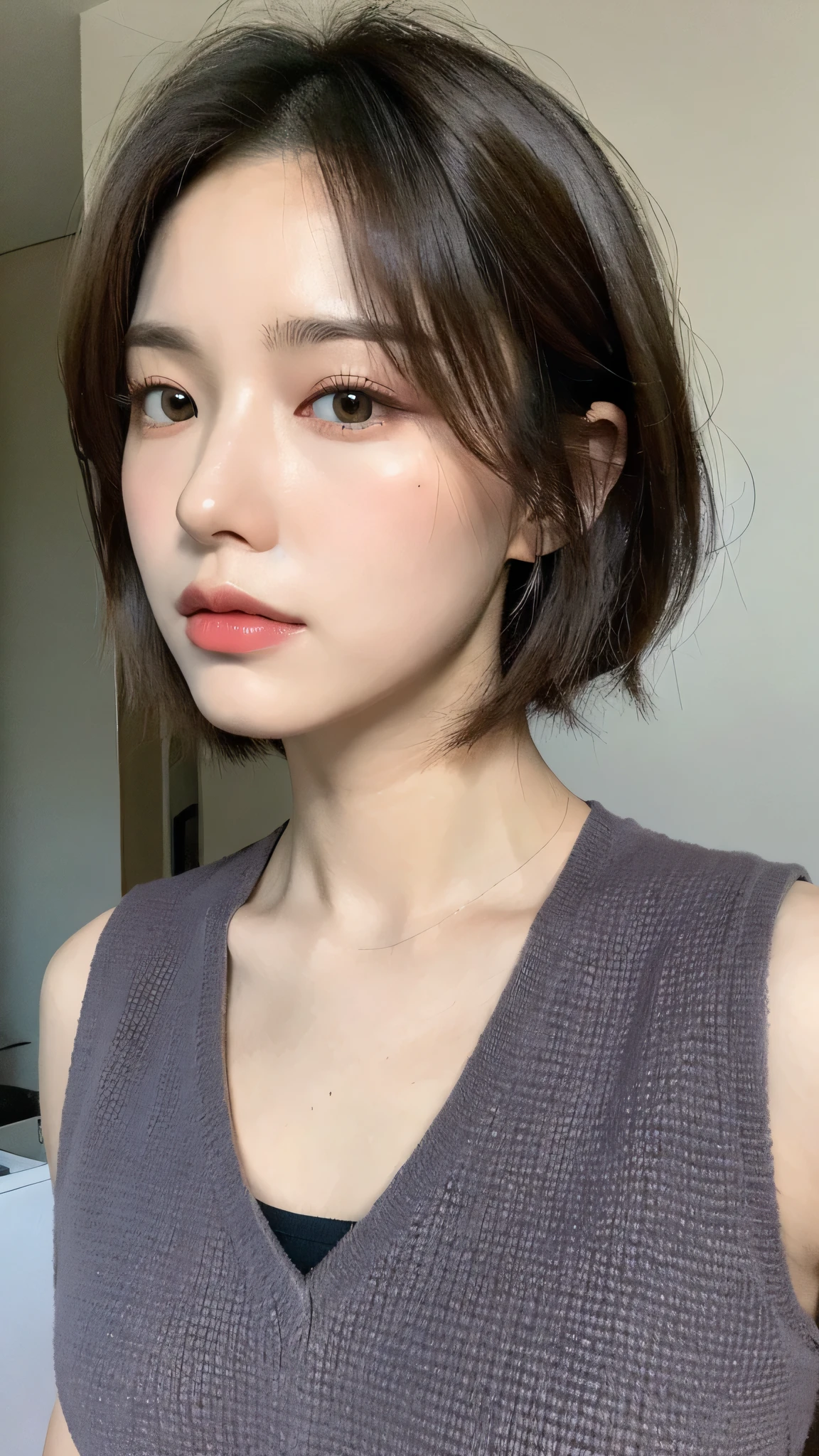 (lifelike, high resolution:1.3), 1 girl with perfect figure, The face shape and eyes are super delicate, short hair, random color vest:1.2,medium chest,protrude,Baogou
