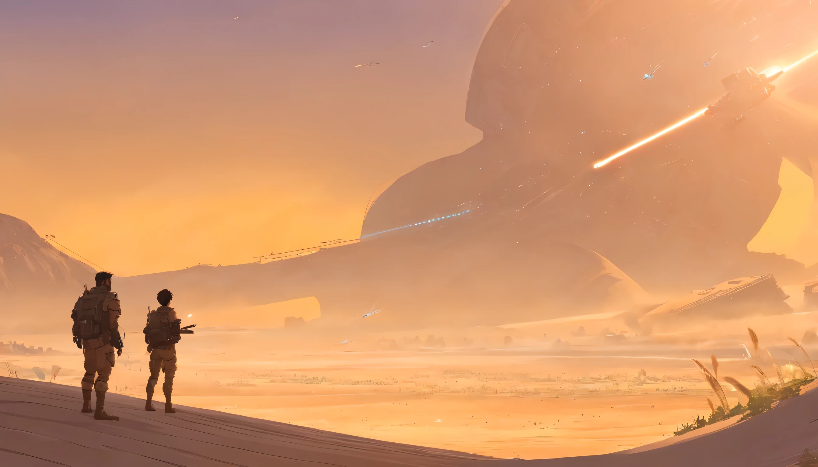 Dune concept art,Clean and neat tones,Sci-fi base scene,Huge scene,Square-shaped complex,Soviet aesthetic architecture,huge buildings,There are many ships in the air,Size contrast,crowd of,Soldiers versus soldiers,Big scenes of war,smog,epic concept art,Fine 8K,vray,Wasteland Science Fiction