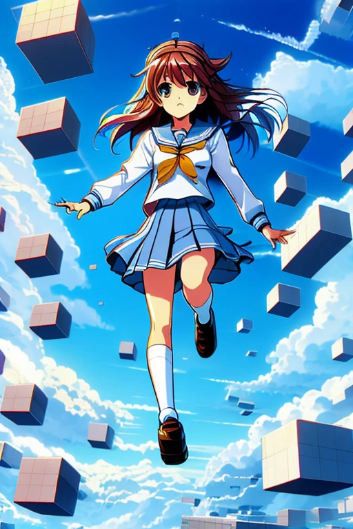 fujisaki shiori, yellow hairband, school uniform, serafuku, long sleeves, pleated skirt, ice cube, jumpSky,floating brick object,jumping,in high position,sky,above clouds,too many blocks,looking down,from above,
