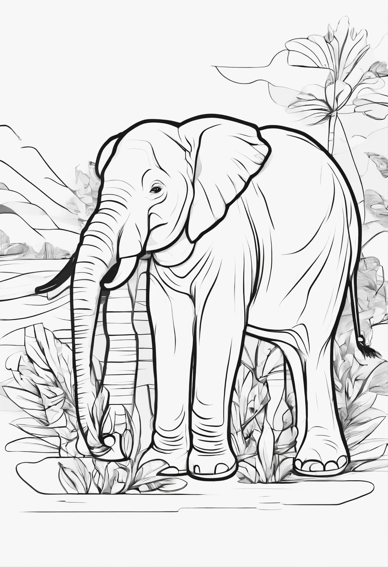 minimalist, bold line, no background, elephant with a calf, side view, line art, cartoon character, 3D style, high quality, coloring book, hand-drawn, line art
