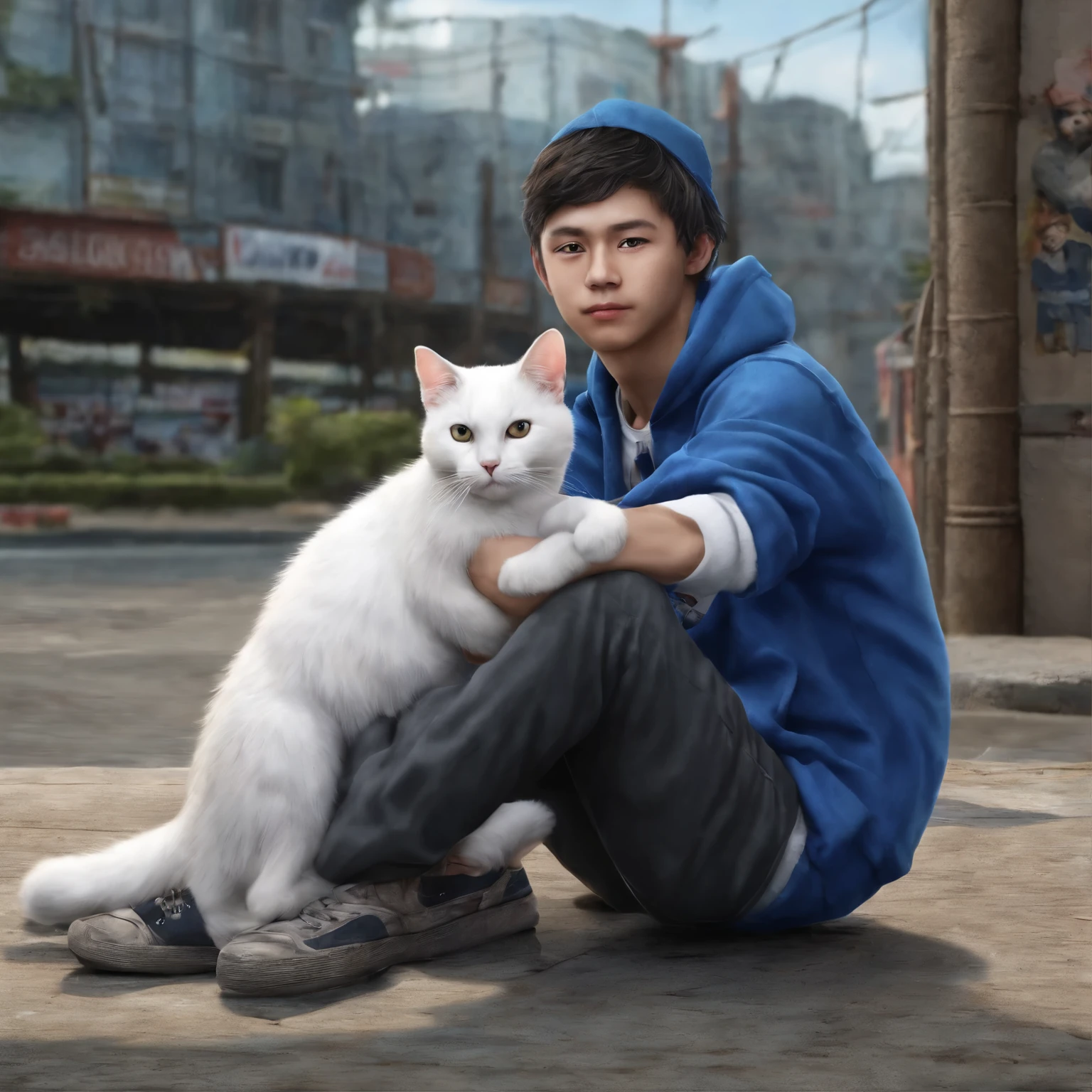 a white cat who is very cute, adorable, wearing a blue shirt and trousers, next to him is an Indonesian man ager 20 years old, wearing a black hoodie ,sitting hugging him, hyperrealism UHD 8K resolution