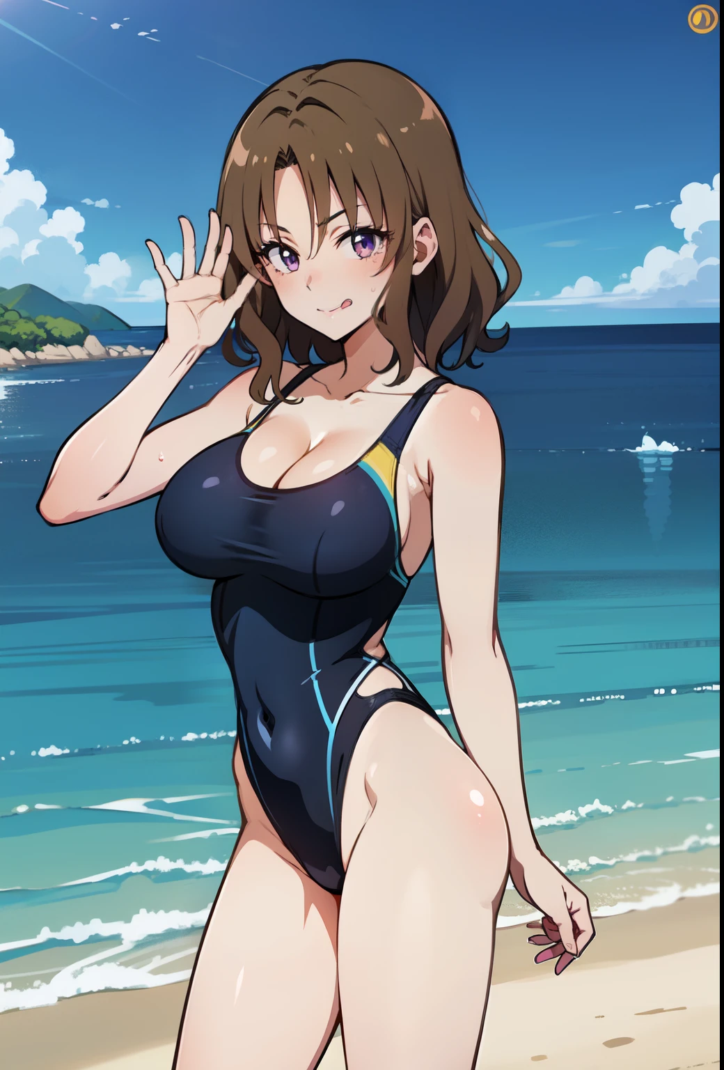 anime woman in a black and yellow swimsuit on the beach waving、Woman with short brown hair、purple eyed woman、wavy hair、solo、is wearing a swimsuit、ワンピースswimsuit、clothing:ハイカットswimsuit、swimsuit、woman wearing black and yellow tank suit、ワンピースswimsuit着用、wet swimsuit、Black and yellow high leg racing swimwear、競泳swimsuit、black and yellow high leg racing swimsuit、(anime woman)、on the beach、sexy woman wearing tank suit、水泳競技用swimsuit、beautiful  anime woman、cool woman wearing competition swimsuit、 cool anime woman、big breasts、woman with very large breasts、tall woman、cleavage、sexy atmosphere、rape face、sticking out tongue、in the sea、sexy anime woman、anime moe art style、a woman is standing、Smooth anime CG art、Also、anime best women、naughty anime style、!!full body portrait!!、beautiful charming anime teen、