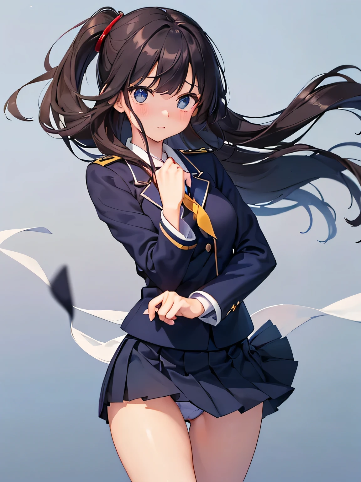 (masterpiece、highest quality、High resolution、realistic pictures、real looking skin:1.1)、 
(She is wearing a navy blue uniform blazer over a white blouse.、Wearing black loafers、「belong to」with a shy look、bright red face:1.1)、 
1 girl、high school girl、18-year-old、alone、beautiful eyes、shining eyes、brown hair、medium long hair、The place is a high school、
(Wearing a navy blue uniform miniskirt:1.8)、
(wearing loose socks:1.5)、 
(A skirt that flips up in the wind:1.8)、 
(panties are slightly exposed:1.5)、 
(Are standing:1.5)、
(I&#39;m holding my skirt down with my hands because I&#39;m embarrassed..:1.5)、
(simple light blue cotton panties:1.5)、 
NSFW