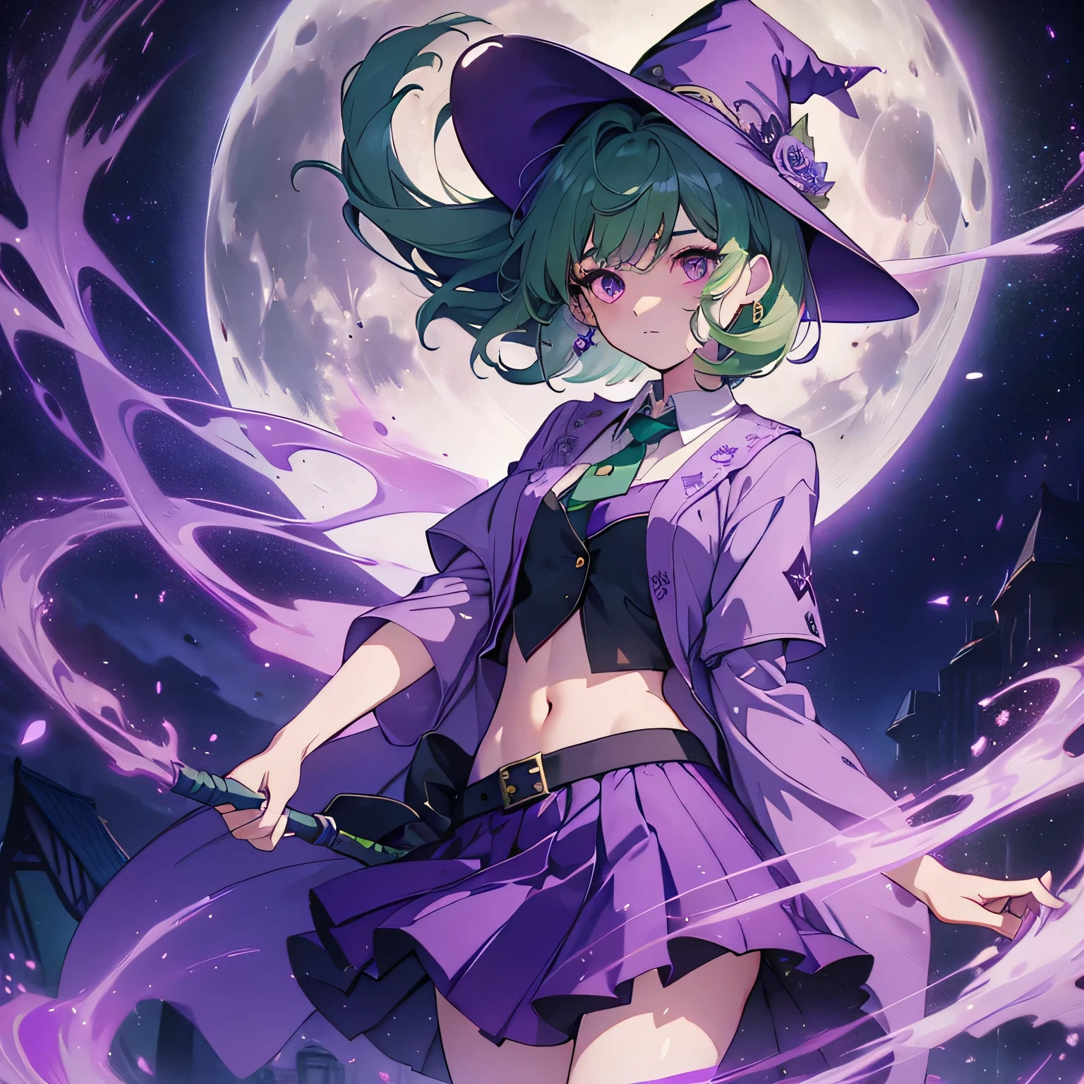 highest quality、very delicate and beautiful、()、purple eyes、green hair、short haired、(Purple Witch Hat)、purple tie、I、short sleeve、purple skirt、purple wizard's robe、belly button、 Are standing、Full moon night in the background