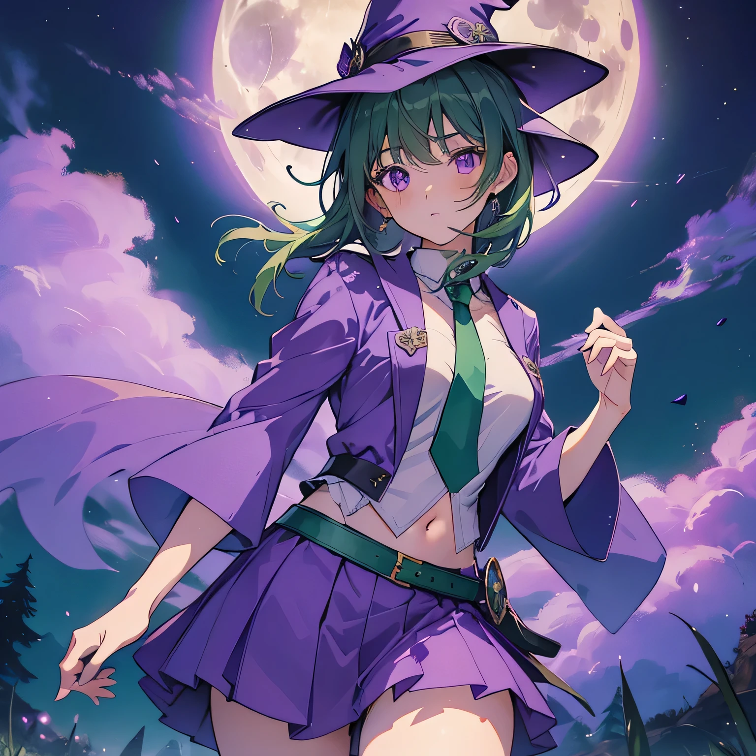 highest quality、very delicate and beautiful、(age girl)、purple eyes、green hair、short haired、(Purple Witch Hat)、purple tie、I、short sleeve、purple skirt、purple wizard's robe、belly button、 Are standing、Full moon night in the background