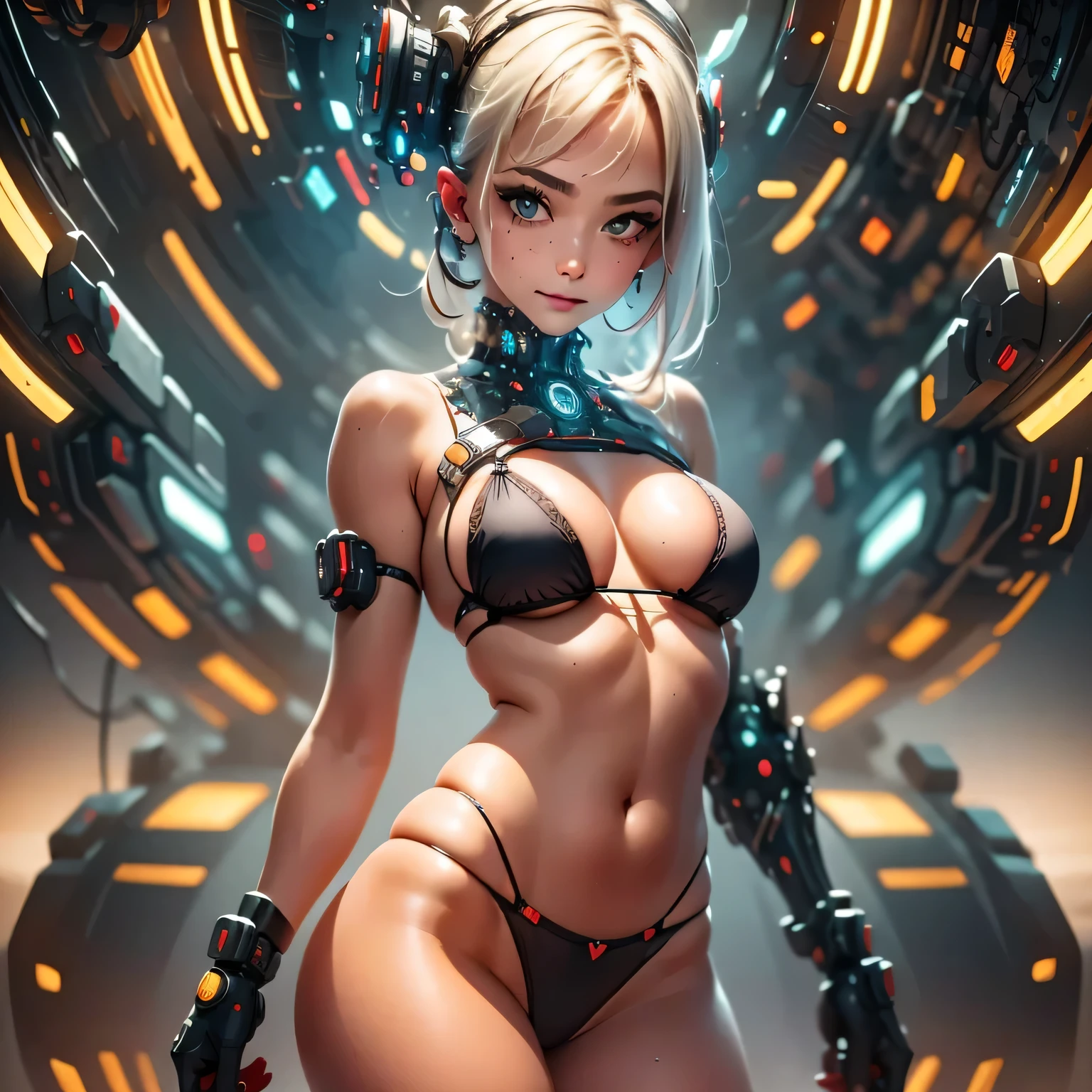Generate a high-quality 16k image using advanced rendering techniques such as photon mapping, radiosity, and physical rendering with automatic white balance. The image should feature a beautiful, 18-year-old cyber punk girl with smooth, soft skin, visible pores, and a heart-shaped butt, which is a current trend in Brazil. She should have multiple cyborg implanted mechanical arms and a bionic face, with electricity effects visible. She is fit and attractive, with small breasts and nipples visible. She is wearing cotton micro lingerie with cotton panties or very short pajamas. The focus of the image should be her beautiful, symmetrical face with ultra-detailed eyes and the bikini line on tanned skin. She should have a smiling expression and pose in a sexy manner, looking directly at the viewer. The background should be a detailed sci-fi Cyber punk 2077 setting, rendered using CGI with Unreal Engine 5, but with a soft focus effect. The final artwork should not be based on a specific photograph, but should look realistic. The composition should evoke a sense of technology and high-quality craftsmanship, reminiscent of a masterpiece of illustration and CG art. The image should include elements of unity, wallpaper, and official art, with fine details, extreme delicacy, and beauty, presented in sharp focus with a high level of detail.