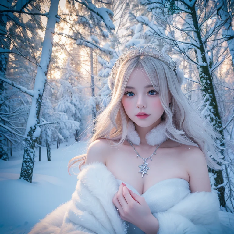 a girl in a fur coat, snowy landscape, winter wonderland, soft snowflakes, cozy atmosphere, elegant and luxurious, ethereal lighting, fairytale vibes, glowing white trees, vintage fashion, retro vibes, crystal-clear air, dreamlike, magical ambiance, soft and fluffy fur, sophisticated and stylish, glamorous winter scene, sparkling ice crystals, whimsical snow scenery, delicate details, high-resolution masterpiece, fine art portrait