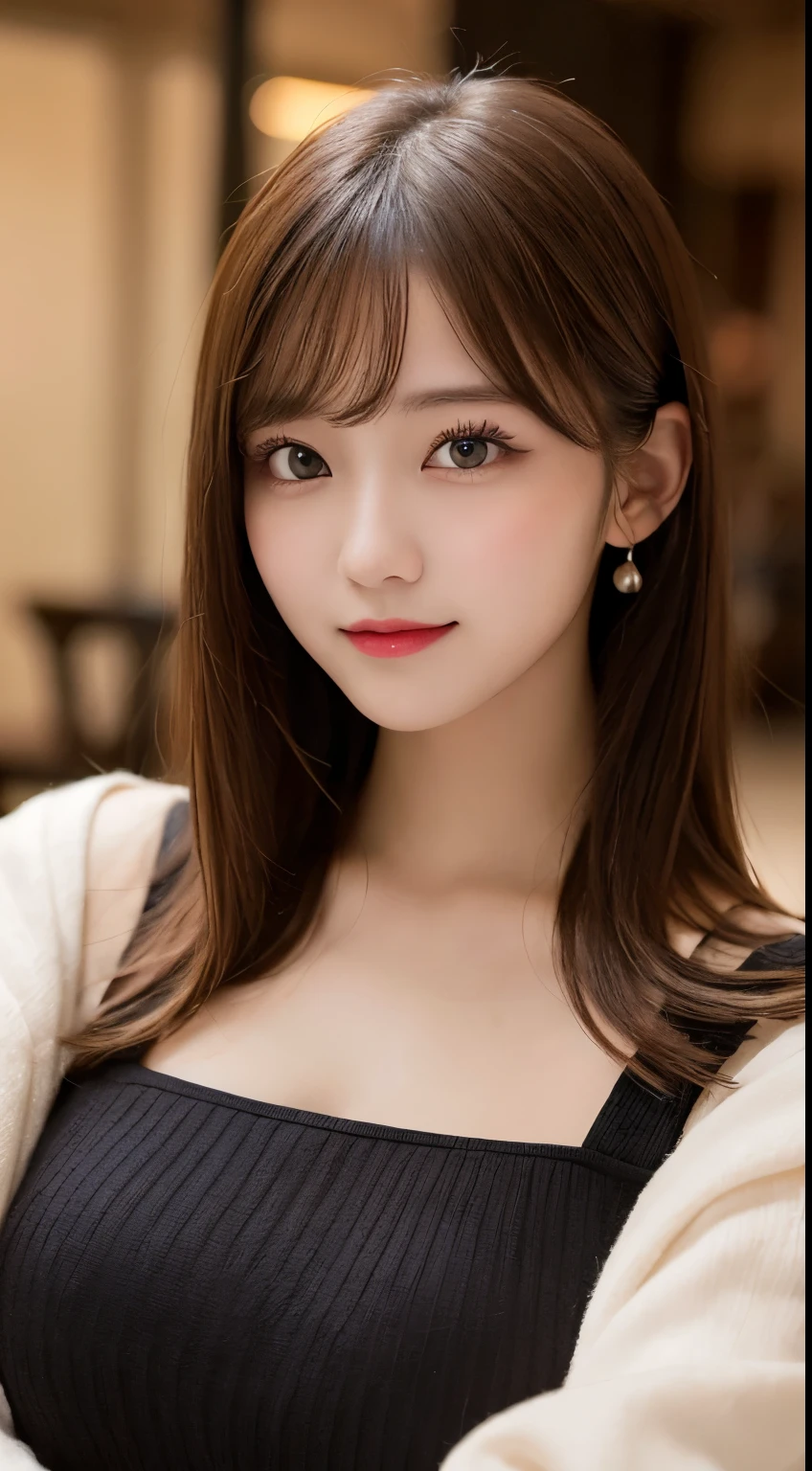 table top, highest quality, shape, Super detailed, finely, High resolution, 8k wallpaper, perfect dynamic composition shape, beautiful and detailed eyes, elegant winter clothes,medium hair,small natural color lip, bold sexy posmile、20 year old girl、cute、Sexy lookiat camera,night,beautiful and detailed face,elegant face,perfect and beautiful face,Slim face and body,spread your arms wide、background blur、real photos
