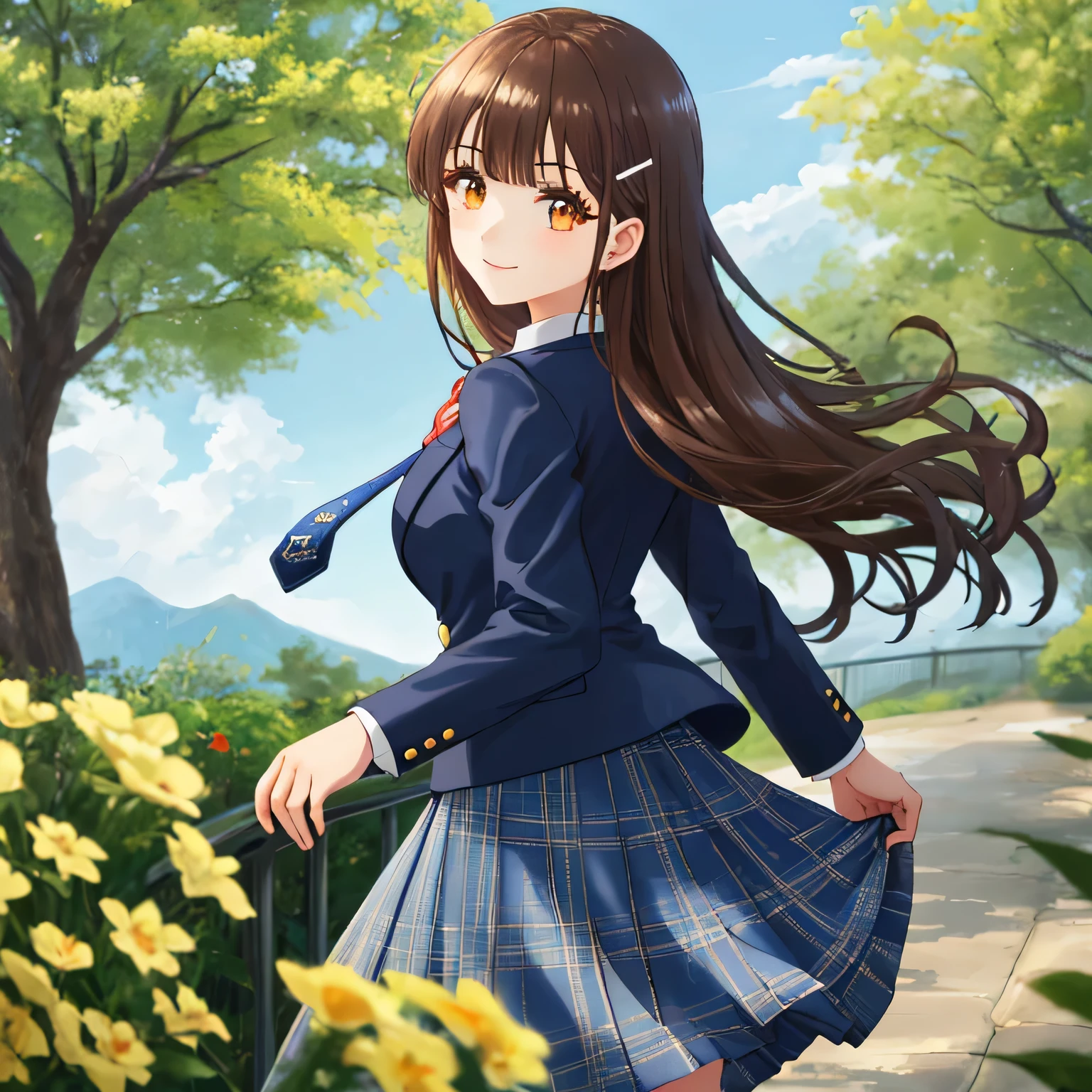 highest quality, (masterpiece:1.2), very detailed, girl looking back at viewer, Glossy lips that make you want to kiss, nice smile, brown eyes, dark brown symmetrical braids, ************, height: 155cm, big shiny hair clip, school uniform, Dark blue and navy plaid skirt, middle long skirt, Luxurious navy blazer with a golden patch on the left chest, ((navy blue big shiny school ribbon tie.)), laughter、bright look、Both face and hair catch the light and shine, I&#39;I&#39;m very happy, The expression of a cute maiden in love, The long skirt fabric has a beautiful deep blue checkered pattern...., cute expression, double eyelid, ((long eyelashes and long lower eyelashes)), pure white background, The wind is blowing, Photographed from behind diagonally